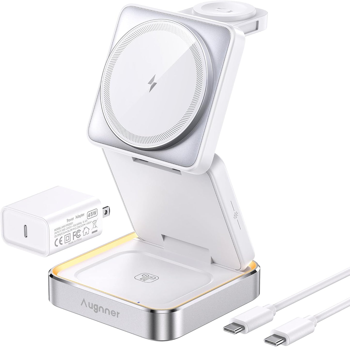 Augnner 25W 3-in-1 Charging Station for Apple Device, White Foldable Magnetic Wireless Charger, Fast Travel Charging Stand for iPhone17/16/15/14/13/12 Series, Apple Watch/AirPods