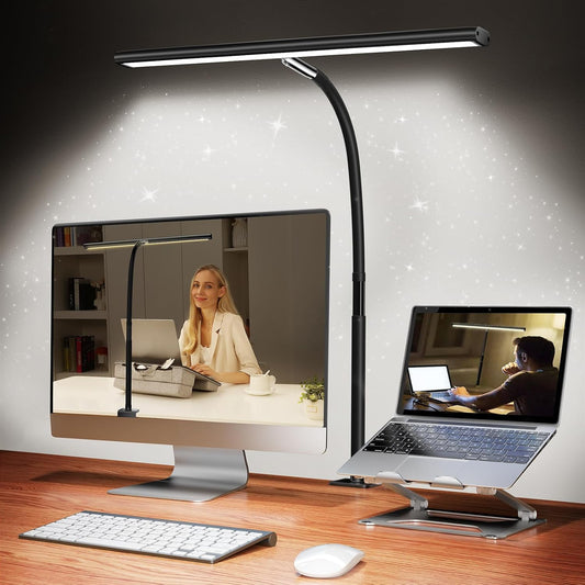 Airlonv LED Desk Lamp with Clamp, 17" Stepless Dimming Light, Black | 2700K-6500K, 100 LEDs, 360° Gooseneck, Fits Up to 30" Monitors, Flicker-Free Lighting for Home Office, Study& Workbench