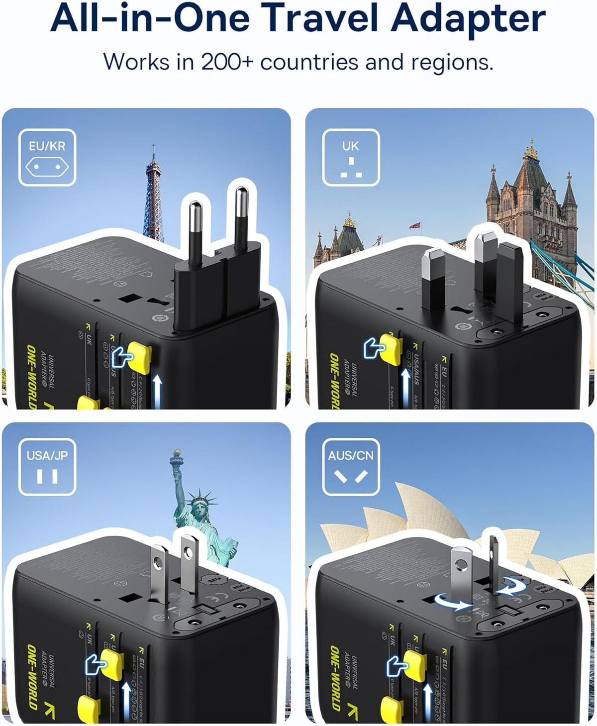 Baseus 70W Universal Travel Adapter, 6-in-1 International Plug Adapter | Worldwide Wall Charger with Retractable Cable, USB-C Fast Charging for USA/EU/UK/AUS and Over 200 Countries - Enercore CG11