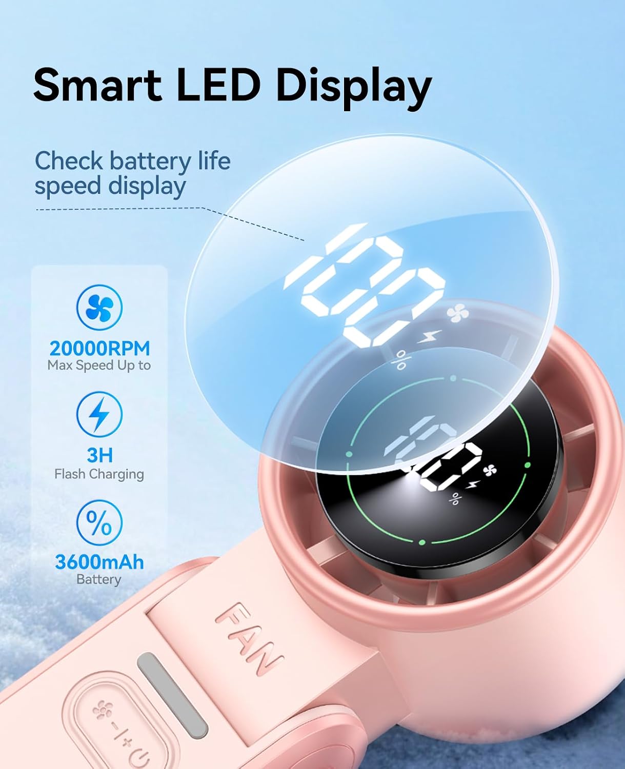 KIMMOO 3-in-1 Portable Handheld Turbo Fan-100 Speeds,Powerful 20000 RPM, 12Hrs Cooling, LED Display, 120° Rotation, USB Rechargeable Mini Hand Held Personal Fan for Travel Makeup Outdoor Indoor, Pink