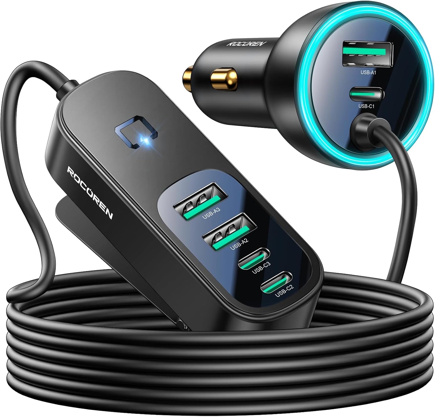 Rocoren 105W 6‑Port PD USB‑C Car Charger with 5FT Cable, Travel Essentials | Cigarette Lighter Adapter Powers Multiple Devices At Once, Car Accessory For Road Trips And Compatible With IPhone 17/16