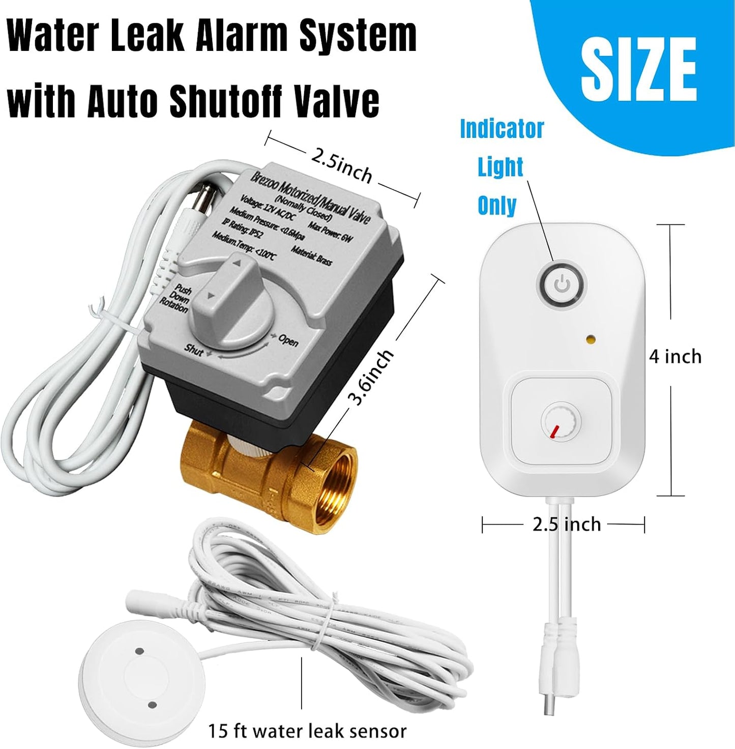 Water Leak Detector for Home, for 3/4-Inch Diameter Pipe | Water Alarm Leak Detector with Automatic Shutoff, Includes Leak Sensor and Water Valve, Protect Your Home from Water Damage