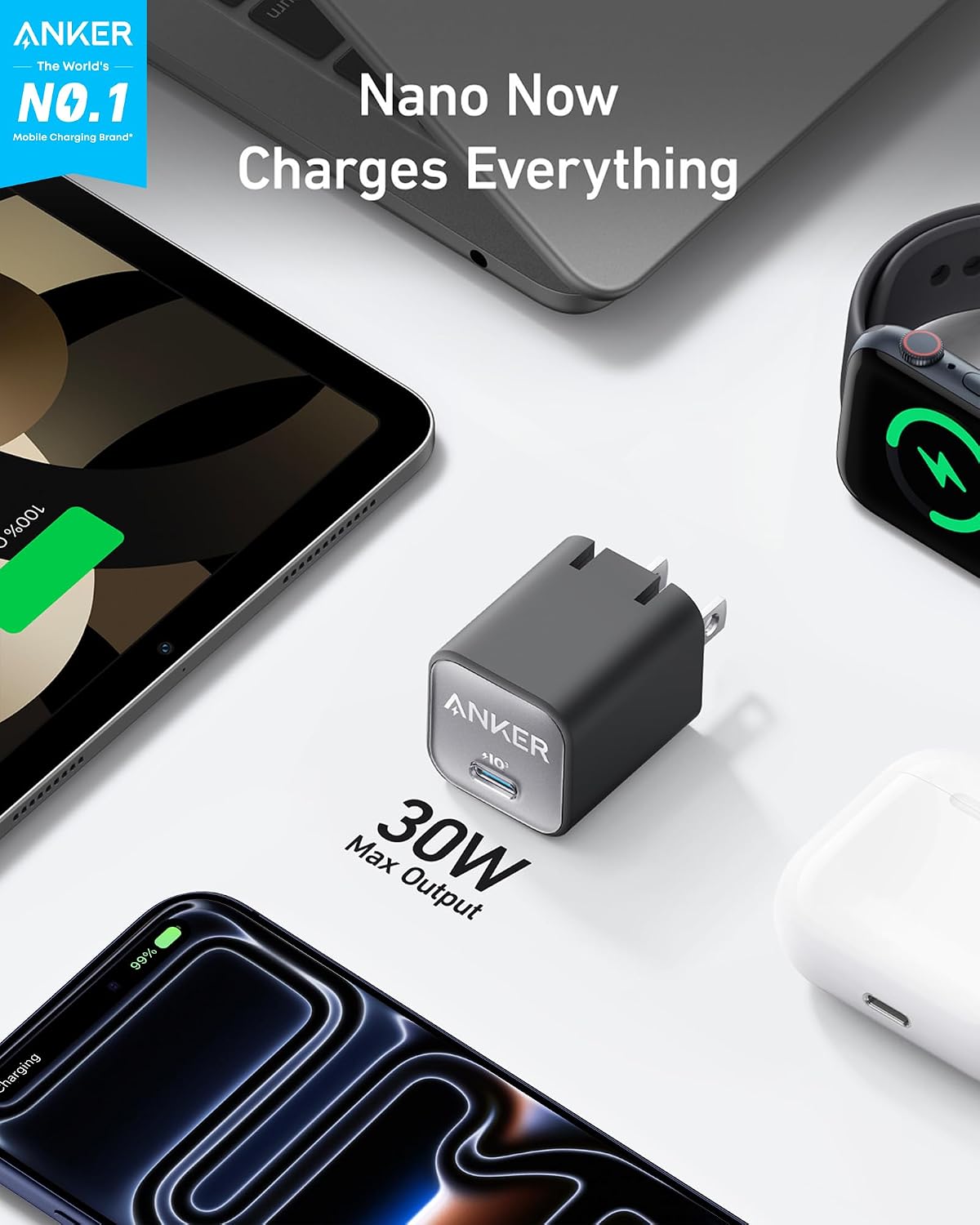 Anker Nano Phone Charger, 30W Portble and Foldable USB C GaN Charger | For iPhone 17/17 Plus/17 Pro Max/16/16 Plus/16 Pro Max/15 Pro Max, Galaxy, iPad, and MagSafe-Compatible Accessories