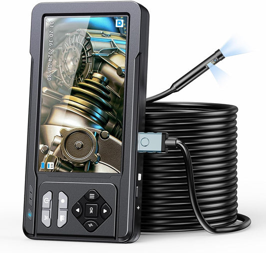 Dual Lens 5" IPS Endoscope Camera with Lights, 1080P Borescope Camera | AukonVee IP67 Waterproof Industrial Snake Camera, 16.5ft Semi-Rigid Cable, Comes with 32GB Memory Card