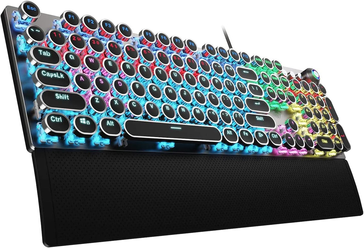 AULA F2088 Typewriter Style Mechanical Gaming Keyboard Wired,Blue Switches,Rainbow LED Backlit,Removable Wrist Rest,Media Control Knob,Retro Punk Round Keycaps,USB Wired Computer Keyboard