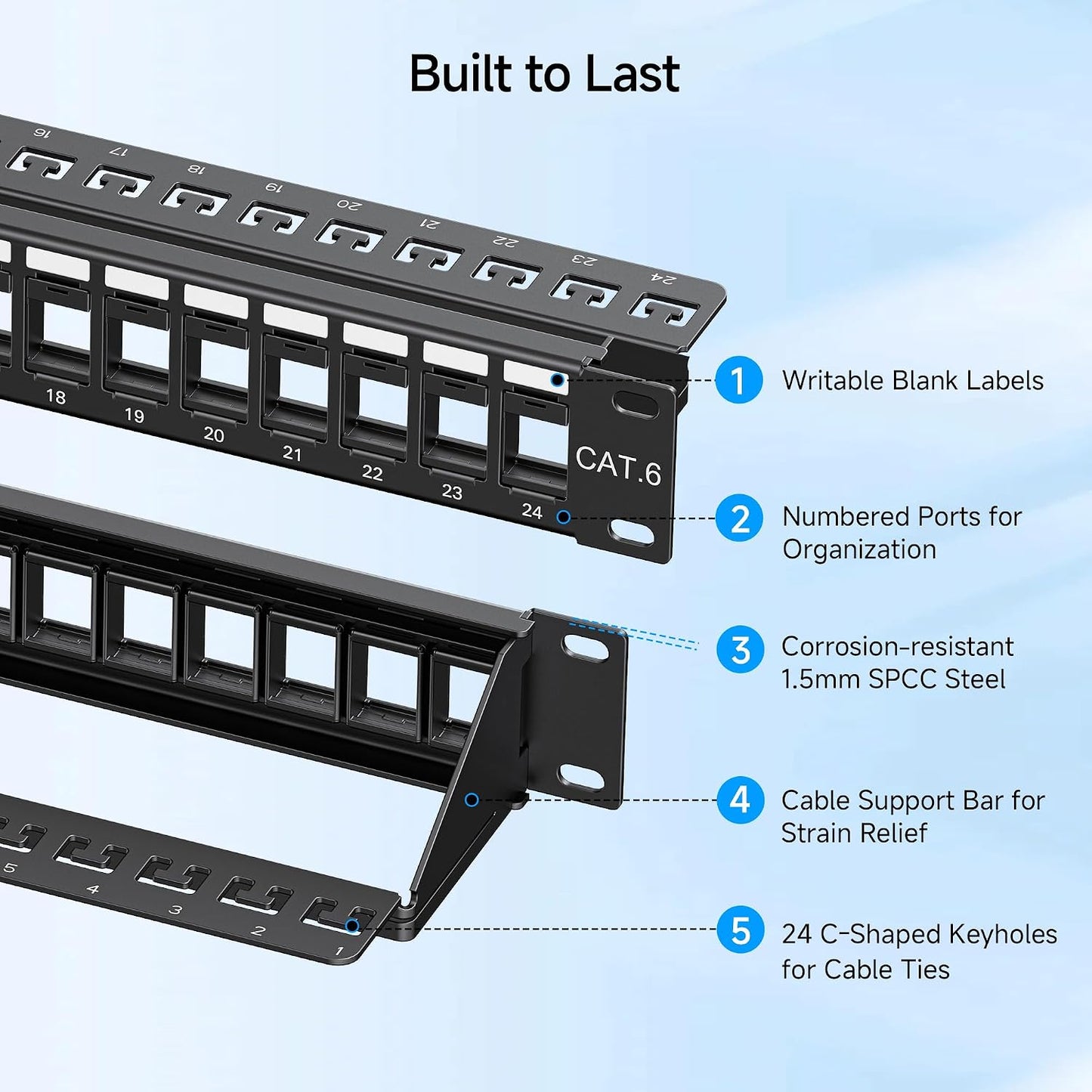 Cable Matters 1U 24 Port Keystone Patch Panel with Cable Management | With Support Bar, Rackmount or Wall Mount, 19-Inch Black Patch Panel for Keystone Jacks