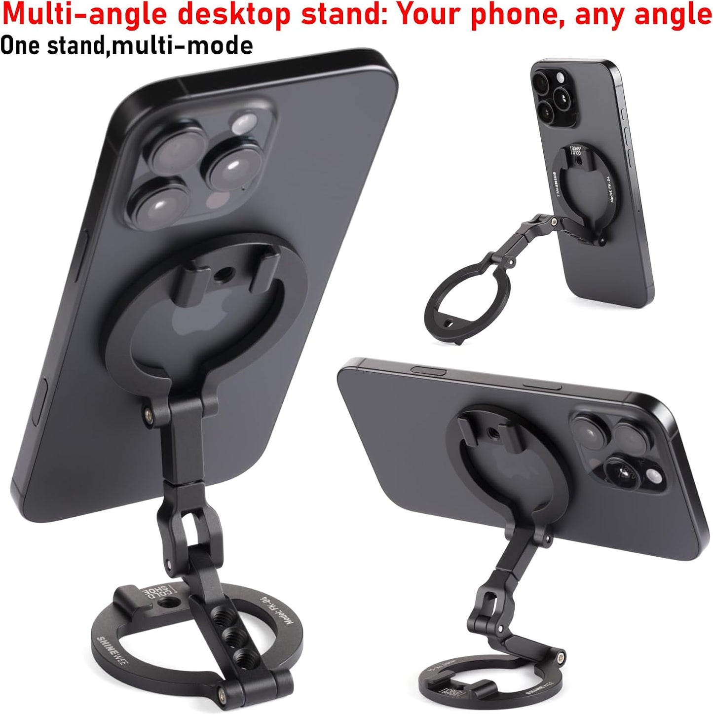 Double Sided Magnetic MagSafe Phone Holder | 360° Adjustable Phone Stand with Cold Shoe & 1/4 Thread Screw, Metal-Attachable Mount for iPhone MagSafe Series, Ideal for Vlog, Selfie & Live Broadcast