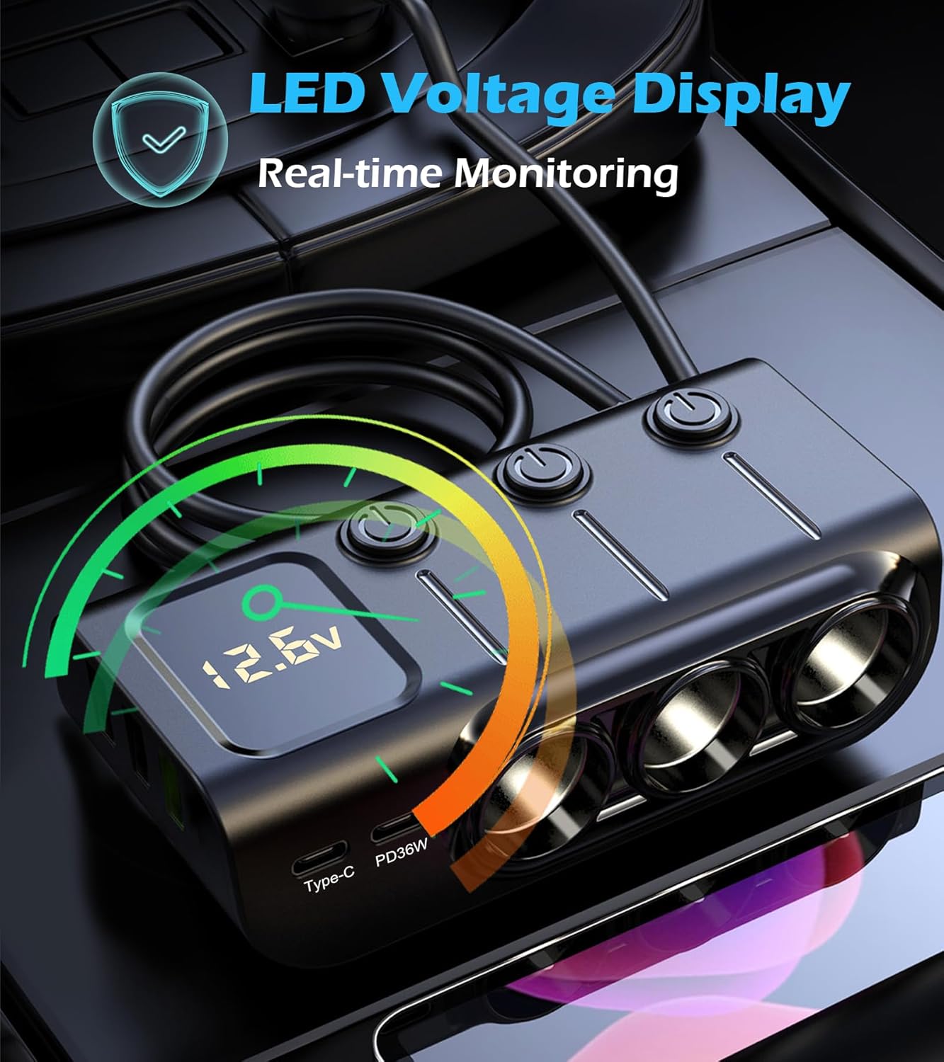 LIHAN 120W Car Splitter, 3 Cigarette Sockets Adapter, 5 USB, PD36W 8-in-1 | Power dashcam, GPS and more with 3 outlets, 5 USB ports, PD36W USB-C fast charging 3.3FT cord ,voltage monitor for RVs,Cars