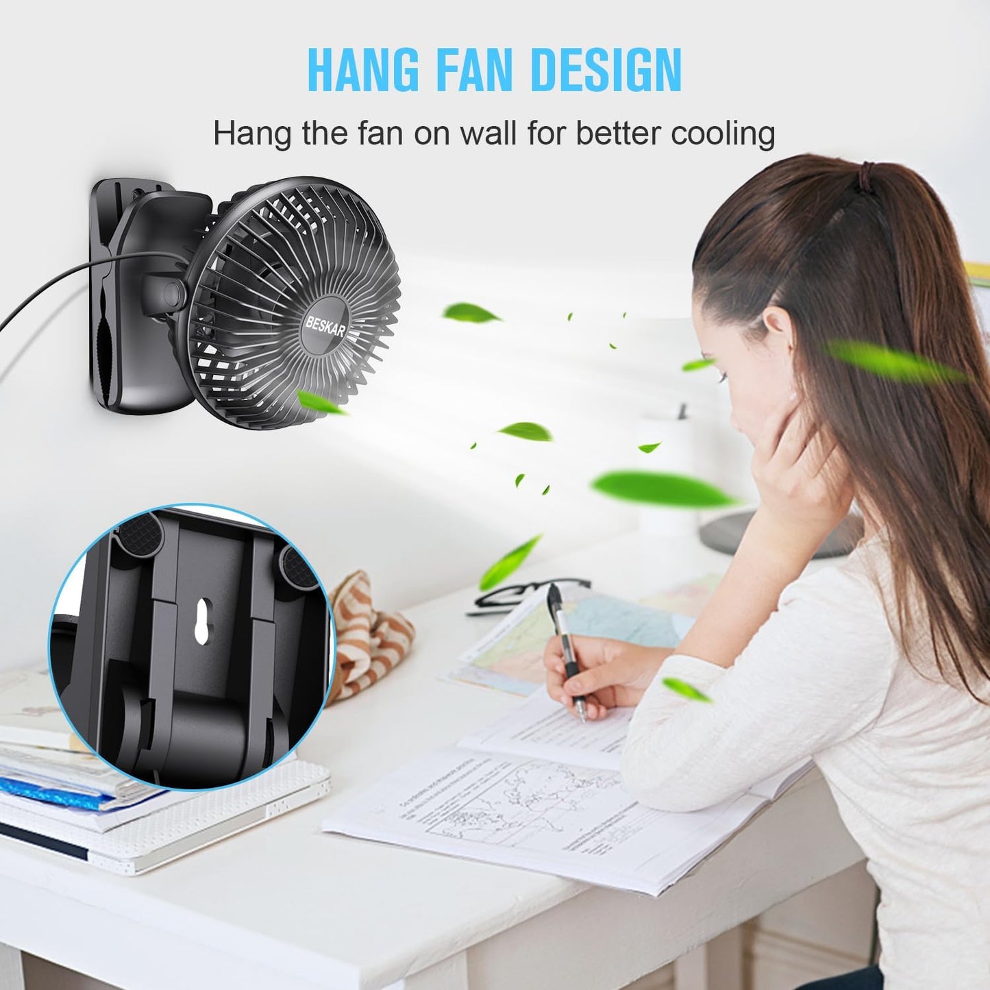 BESKAR USB Clip on Fan, Portable Small Desk Fan with Cord Powered | 3 Speeds Strong Airflow, Sturdy Clamp, Ultra Quiet Personal Cooling Fan for Office Dorm Bedroom Stroller