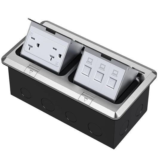 Dual Pop-Up Floor Electrical Outlet Box Kit，20 Amp Stainless Steel TR Tamper-Resistant Duplex Receptacle，3-Port RJ45 Datacom Receptacle，Silver