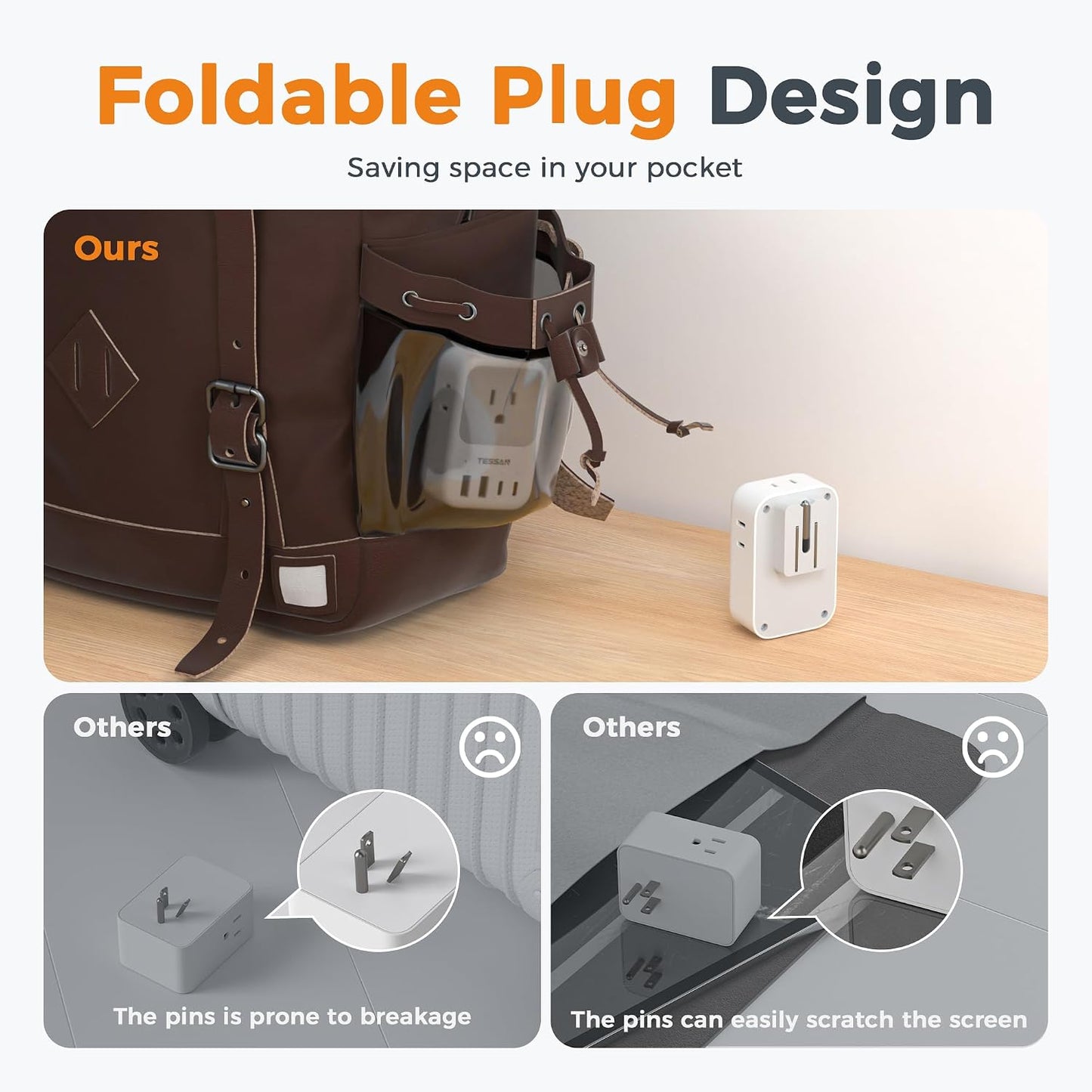 TESSAN USB C Charger Block 20W PD, Fast Charging Adapter with Foldable Plug | 1875W Power Outlet Extender(4 AC and 4 USB) for Cruise, Home, Office, Dorm Room Essentials, Grey