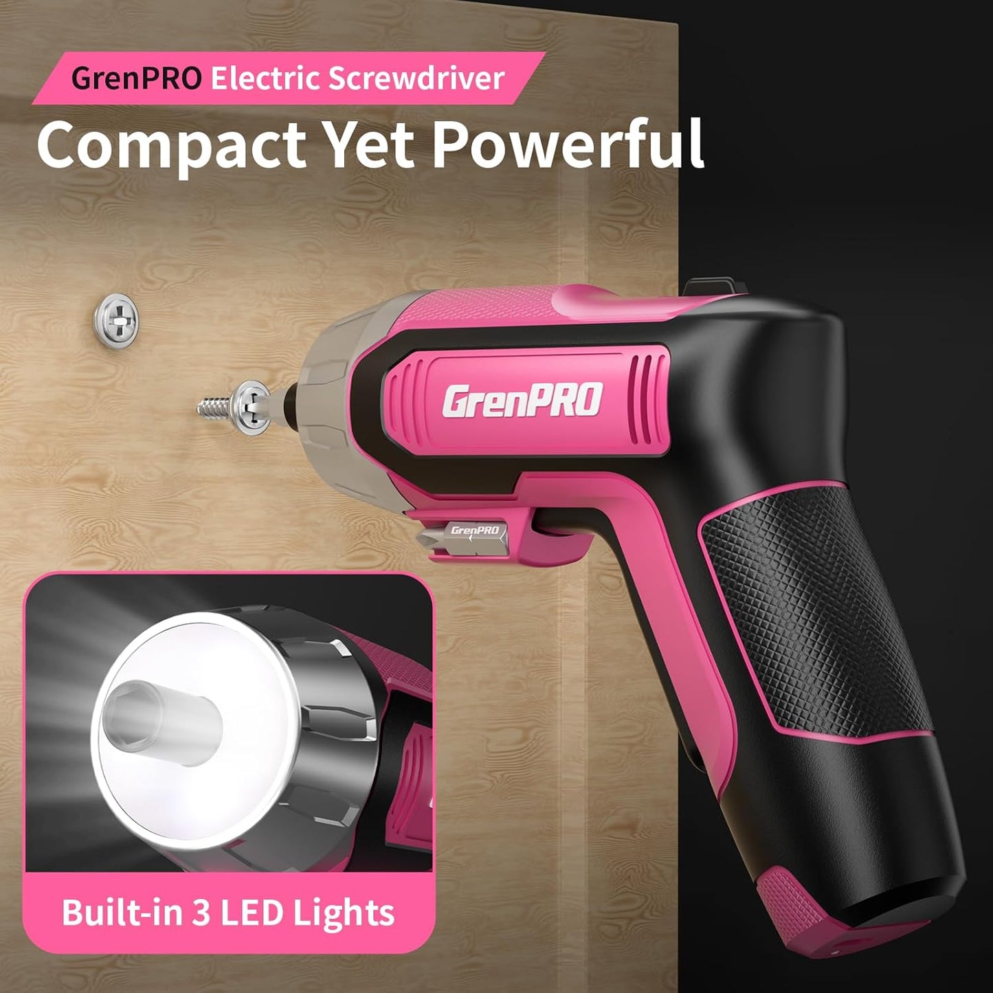 GRENPRO 4V Cordless Electric Screwdriver Set, 29-Piece, Pink | Built-In Non-Removable Battery Charges via USB, Not Sold Separately, Included Bits Support Home Repairs and Assembly