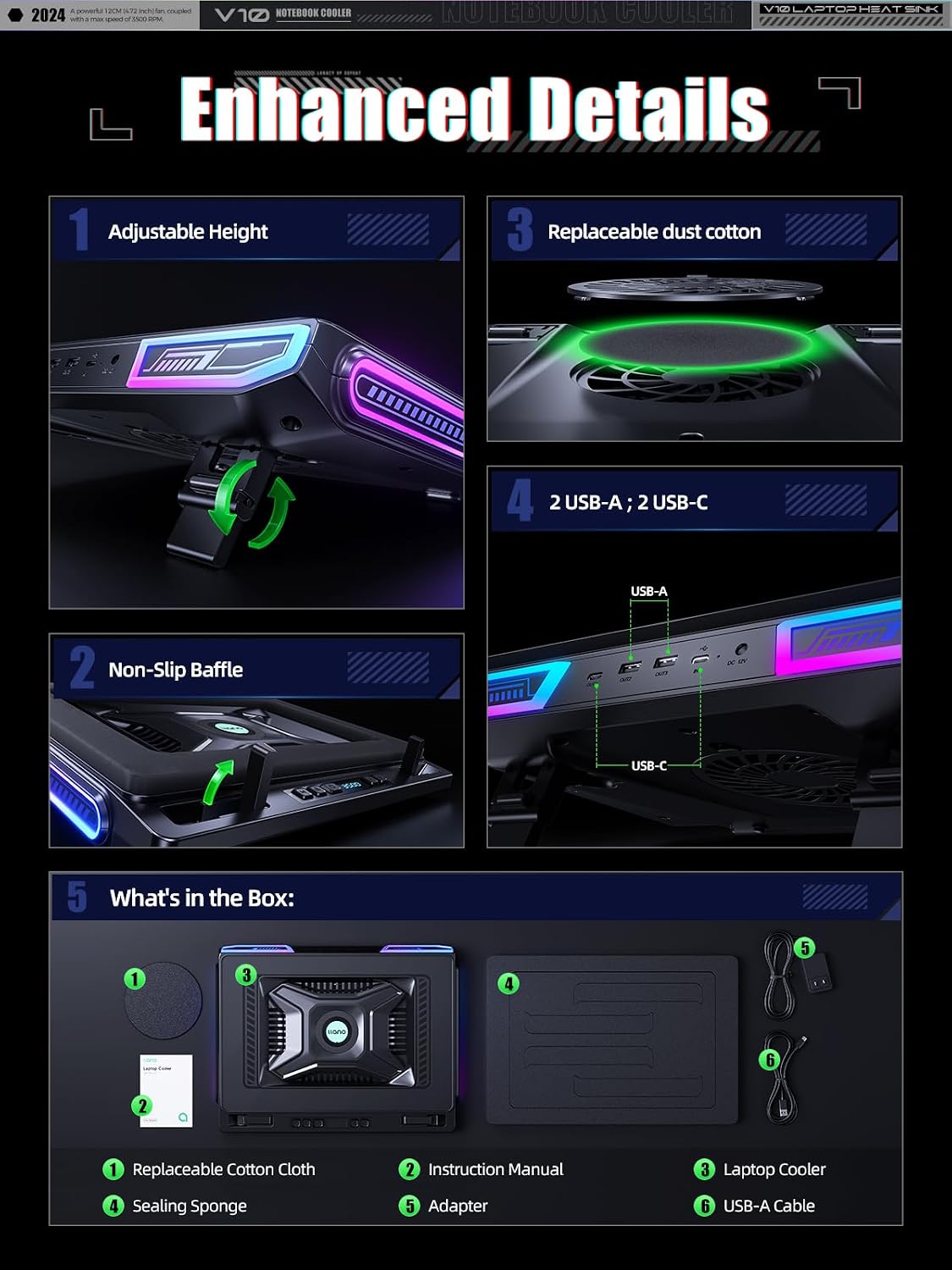 llano V10 Gaming Laptop Cooling Pad, RGB Laptop Cooler Stand Laptop Fan | Powerful 4.72 Inch Turbo Cooling Fan, Fast Cooling Computer 13-17.3in, Button Control, 3 Adjustable Stand, 4-Port USB C&A