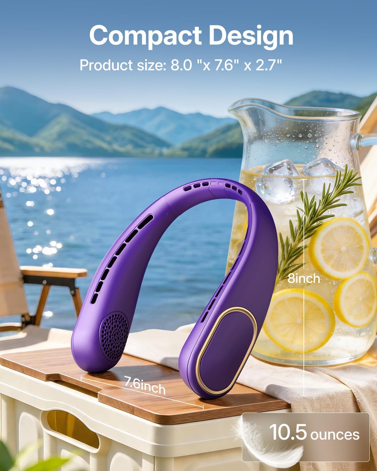 SHEWIND Portable Neck Fan - 5000mAh Rechargeable Hands-Free Wearable Fan | 4 Speeds, Bladeless & LED Display | Personal Cooling Fan for Travel, Outdoors, Camping - Purple