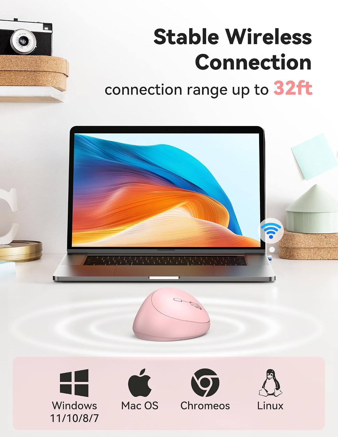 TECKNET Ergonomic Mouse, Bluetooth Wireless Vertical Mouse, Rechargeable Battery, Quiet Clicks, 4800 DPI Adjustable, BT5.0/3.0 & 2.4G Connect, Easy to use, Wide Compatibility - Pink