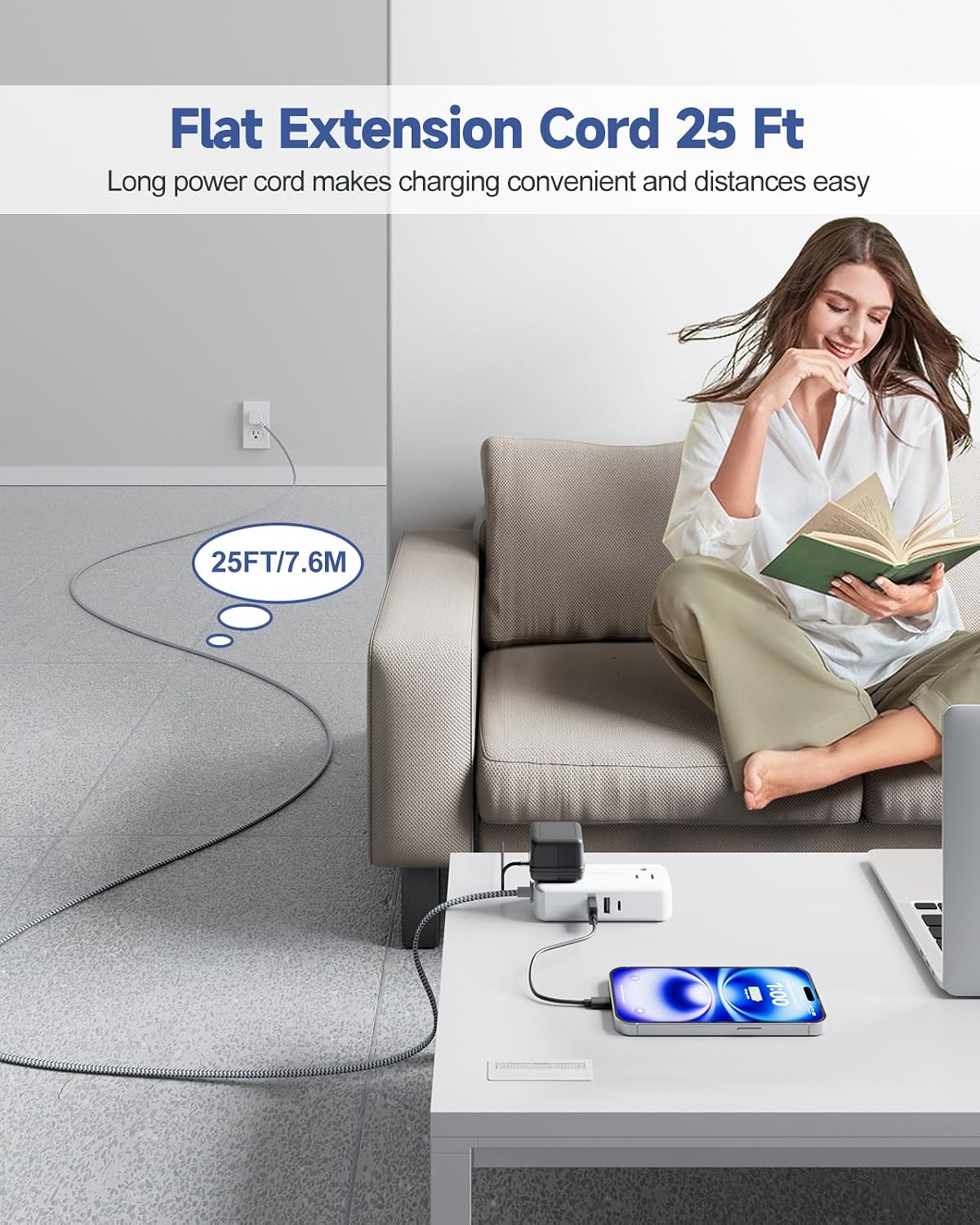 Flat Plug 25 FT Extension Cord with 4 AC Outlets | Long Braided Extension Cord, 3 USB Ports (5V/3.4A 17W) for Home Office Dorm