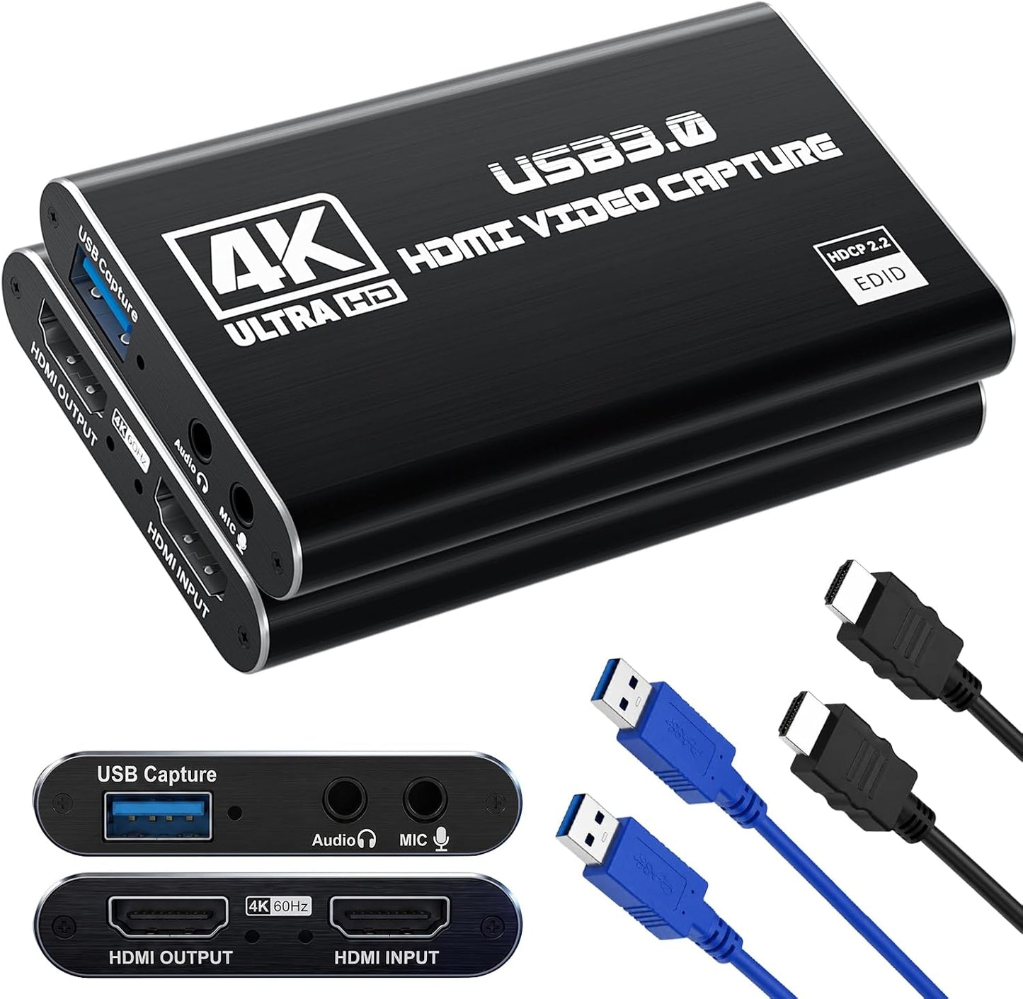 Guermok USB 3.0 HDMI Capture Card, 1080P 60FPS & 2K30 Video Capture Device | 4K HDMI Pass-Through, Mic Input & Audio Output, USB Video Game Capture for OBS Streaming, PS5, Switch 2/1, Xbox1, Camera, PC