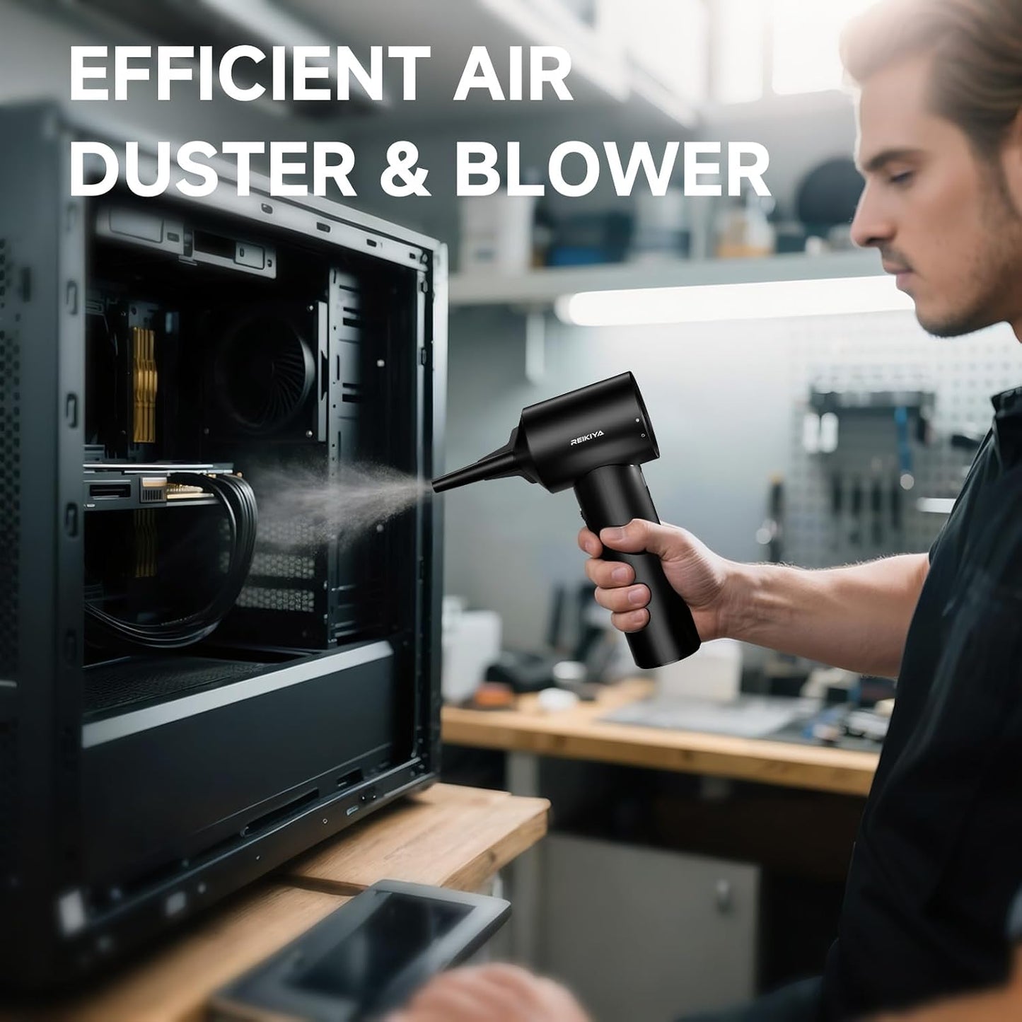 Computer Keyboard Cleaner Portable Vacuum and Compressed Air Duster Black | 18000Pa super power, cordless cleaner for tight spaces, with LED light, 150000rpm adjustable blower, 2600*3 mAh rechargeable