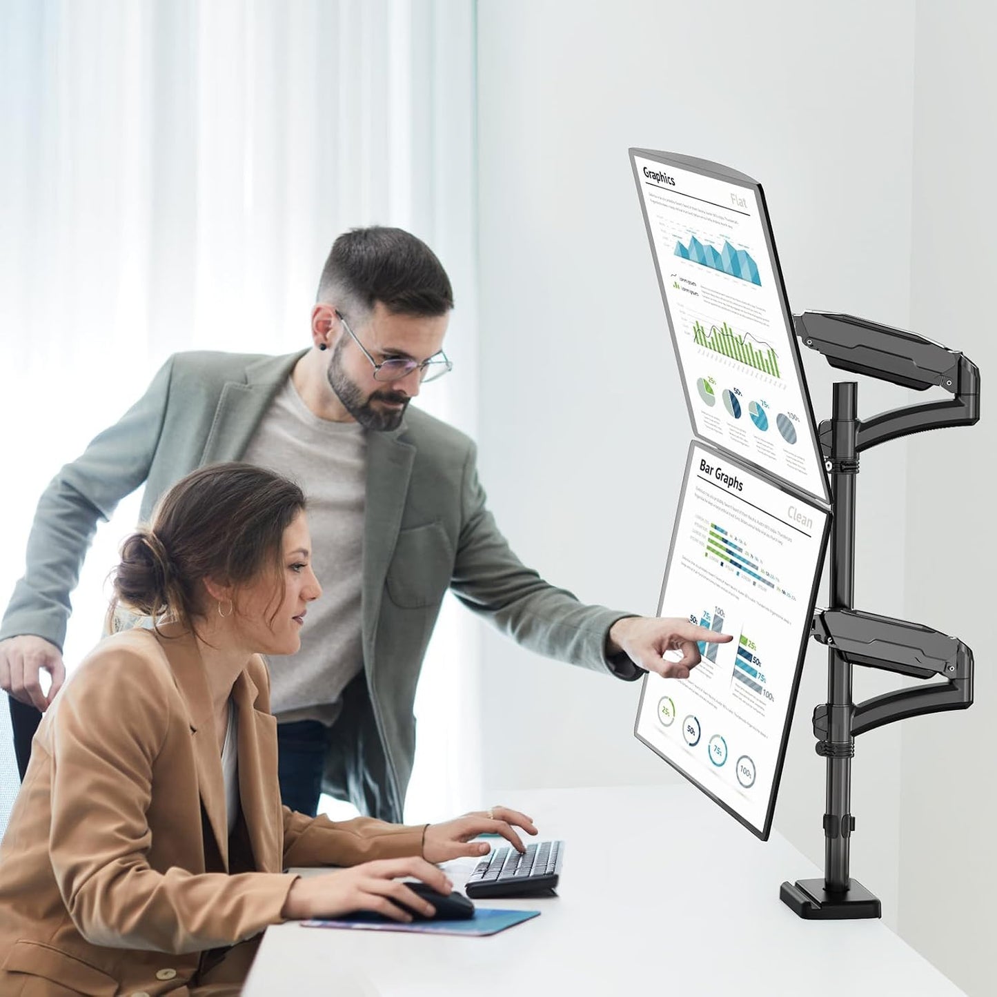 MOUNT PRO Vertical Dual Monitor Mount, Stacked Monitor Stand for 2 Computer Screens up to 32 inches, Full Motion Adjustable Tall Display Desk Mount, Each Arm Holds up to 17.6lbs, VESA Mount
