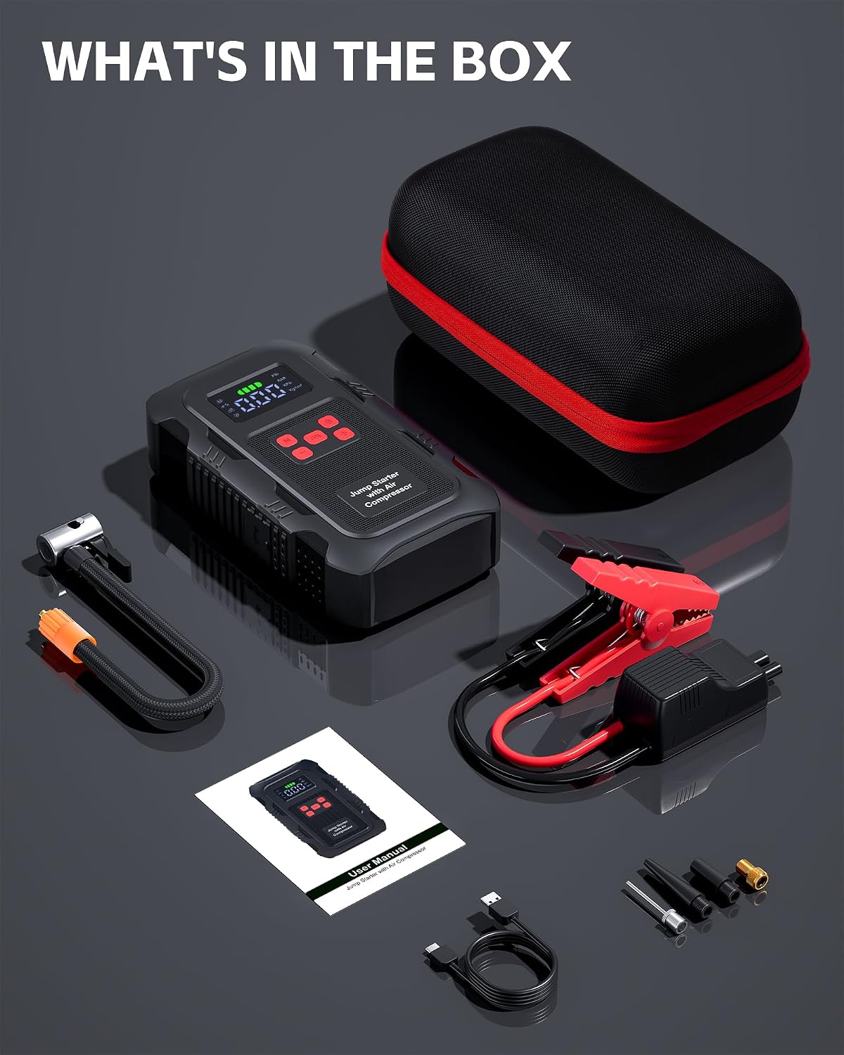 5000A Jump Starter with Air Compressor, Portable Car Battery Jump Starter with 150 PSI Tire Inflator for Up to 10.0L Gas and 8.0L Diesel Engines, 12V Jump Box Battery Charger Booster(Red)
