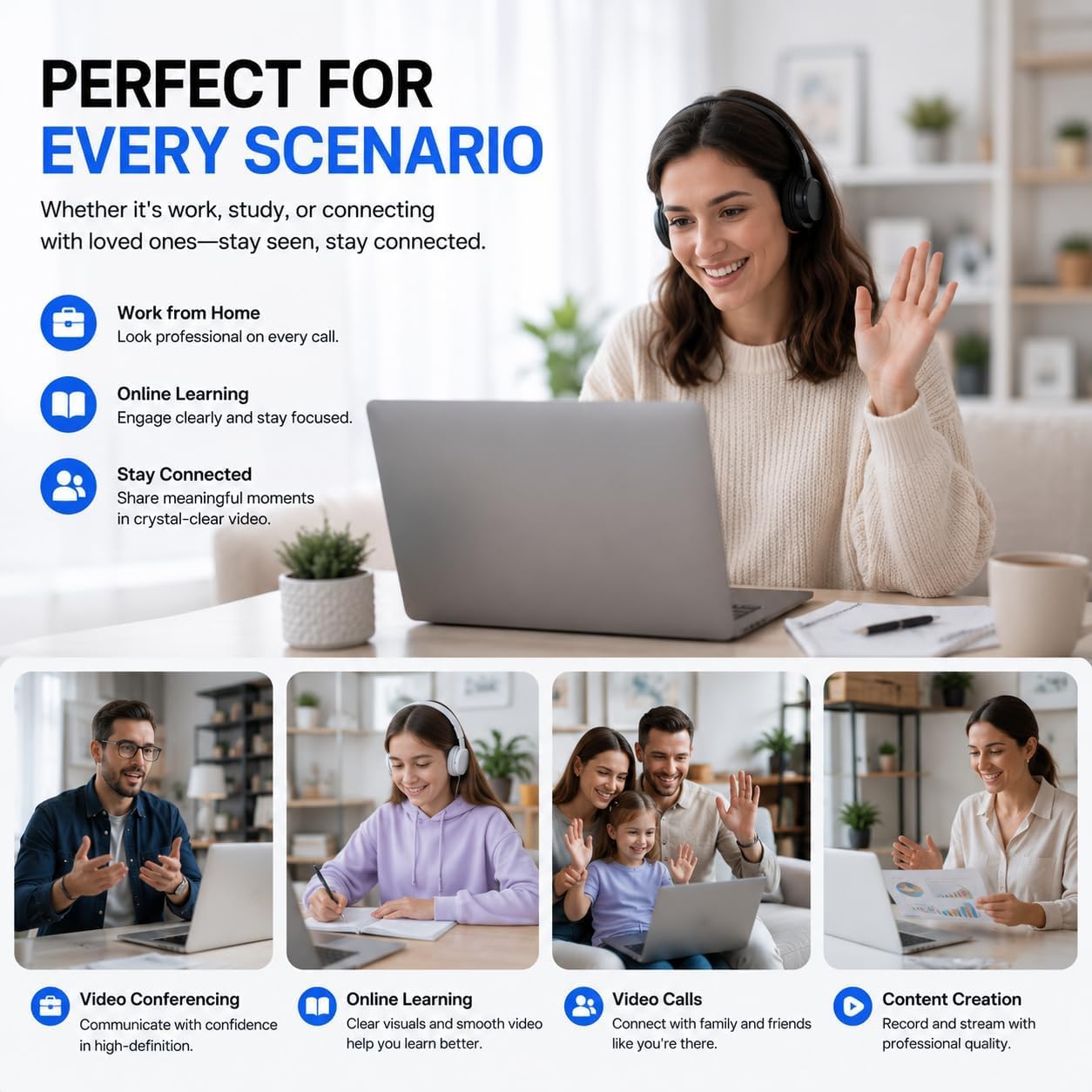 1080P Webcam with Microphone, Privacy Cover & USB-C Adapter | 105° FOV, Fixed Focus, Auto Light Correction, Plug & Play USB-A Camera with Tripod for Zoom, Teams, FaceTime and YouTube