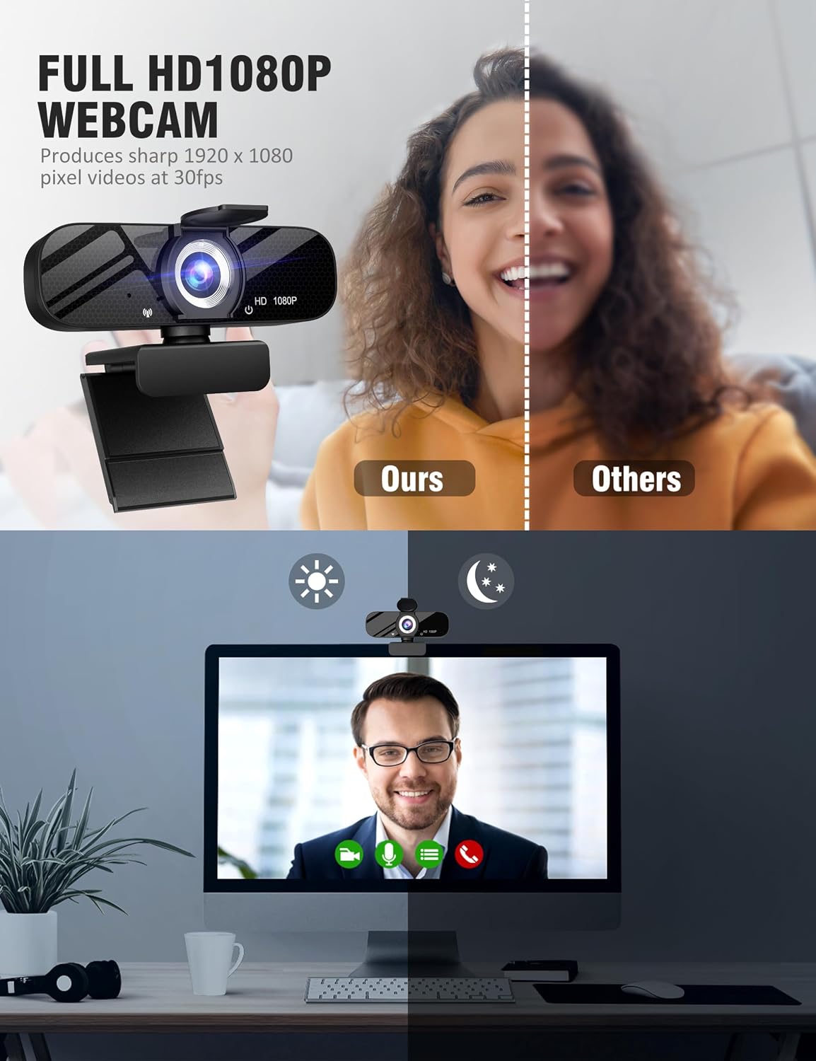 Gozvrpus USB HD Webcam with Built-in Microphone and Rotatable Tripod, 1080P Video, Wide Angle Camera, Privacy Cover, for Desktop PC or Laptop Computer（Black）