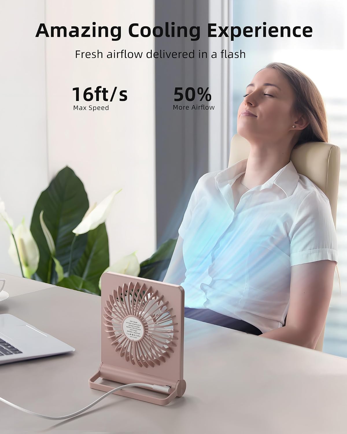 Koonie USB Desk Fan, Strong Wind Ultra Quiet Small Mini Fan | 220° Tilt Folding & 3 Speeds Adjustable, USB-C Powered Personal Fan for Home Office Desktop, Pink, NO BATTERY