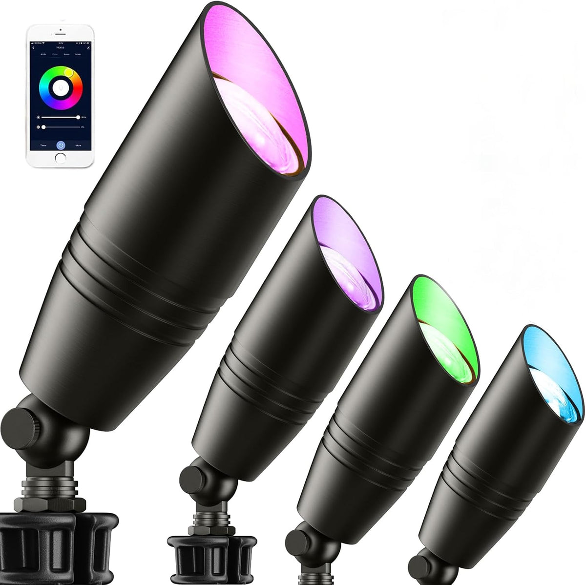 rosykite Smart RGB Low Voltage Landscape Lighting, 12V Color Changing Outdoor Spot Lights, Waterproof IP65 LED Garden Lights with App Control, Warm White to Multicolor, Uplight for Driveway (4Pack)