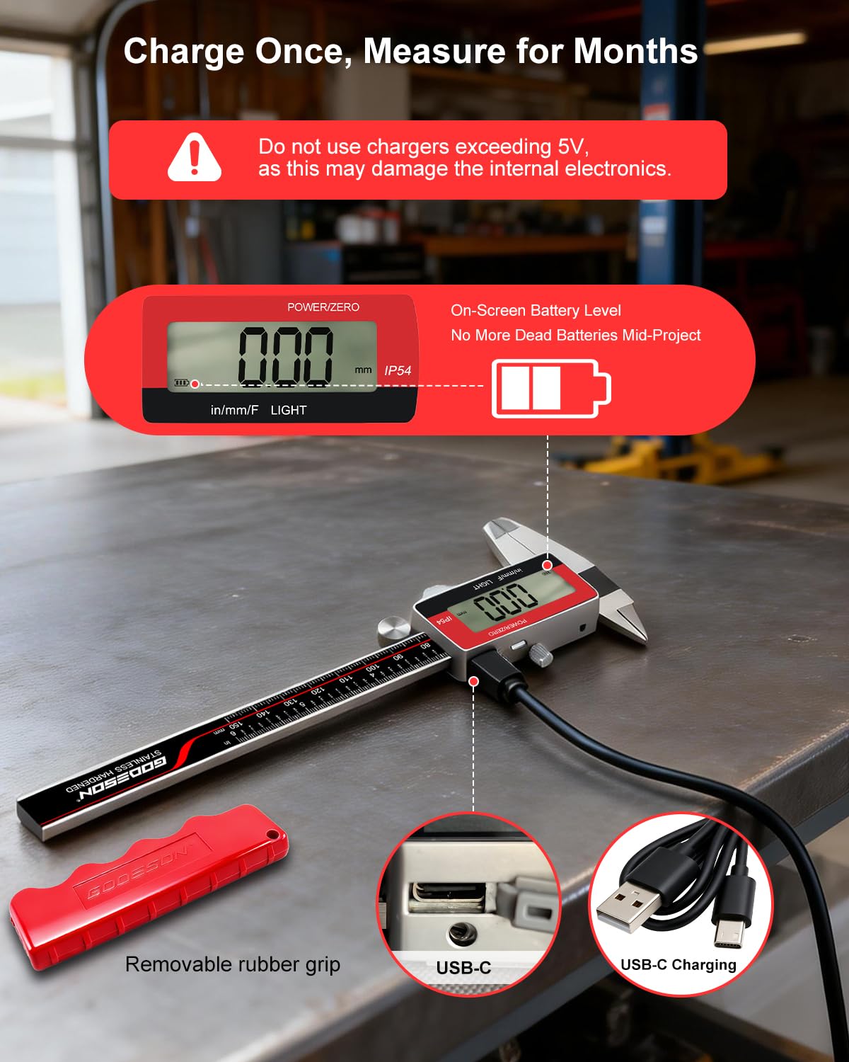 GODSEON 6" Digital Caliper, USB-C Rechargeable Backlight LCD ±0.001" Accuracy, Inch/mm/Fraction Units 5 Modes Auto-Off, Stainless Steel Calipers for DIYers Woodworkers Jewelers, 3D Printing