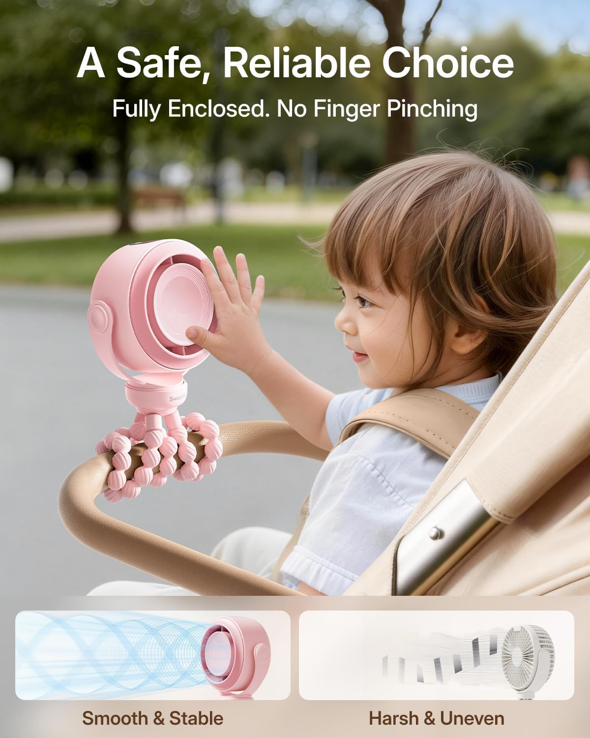 SWEETFULL Portable Stroller Fan, Pinch-Proof Baby Fan - Pink | Wide Turbine Airflow; Safe Design; LED Display; 5-Speed; 30dB Quiet; USB-C Rechargeable; Mini Clip On Fan for Car Seat & Bed