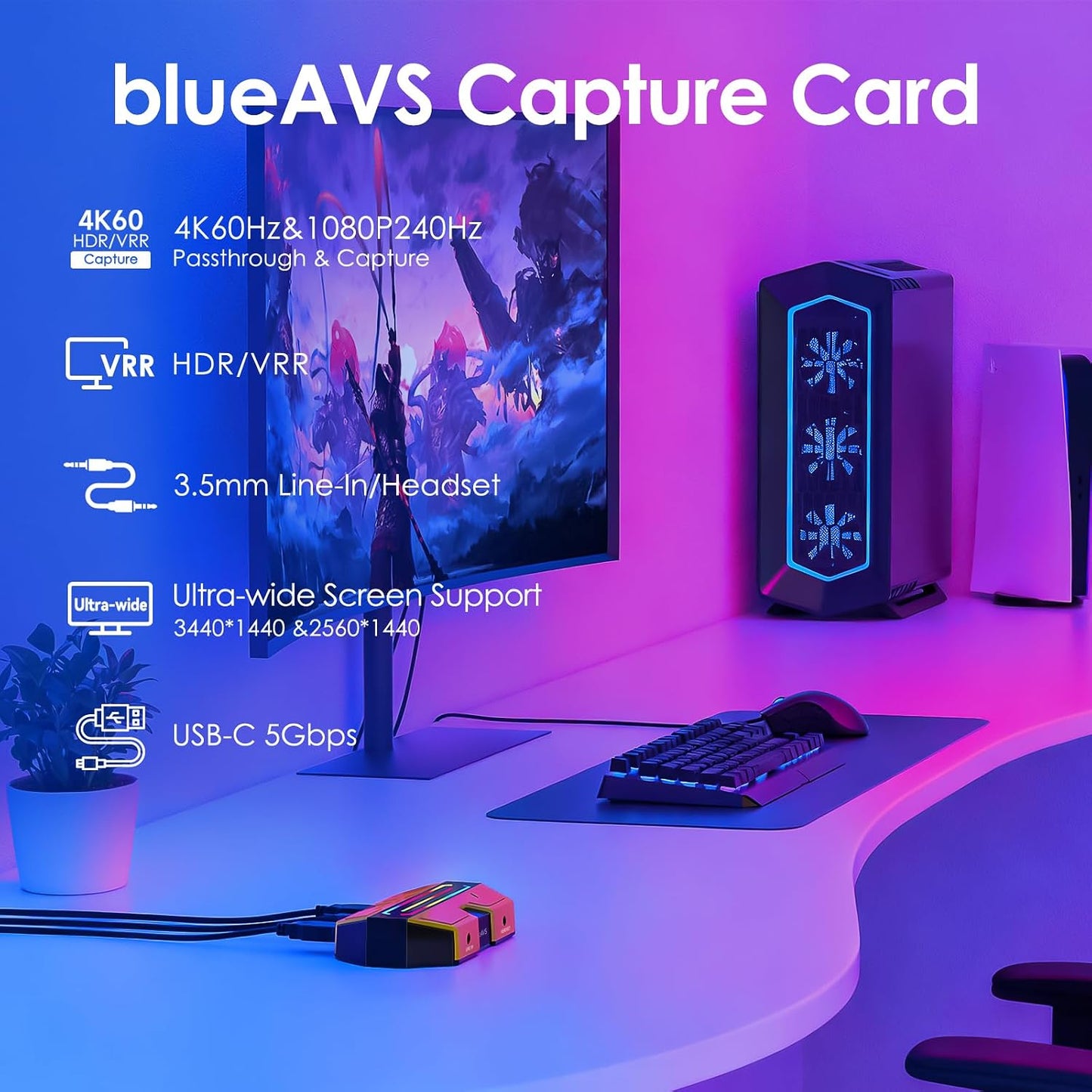 BlueAVS 4K HDMI Video Capture Card for Streaming, 4K 60Hz 1440P 144Hz 1080P 240Hz Capture with HDR VRR ALLM Passthrough, USB-C External Capture for PS5, Xbox Series X/S, Switch, Compatible with OBS