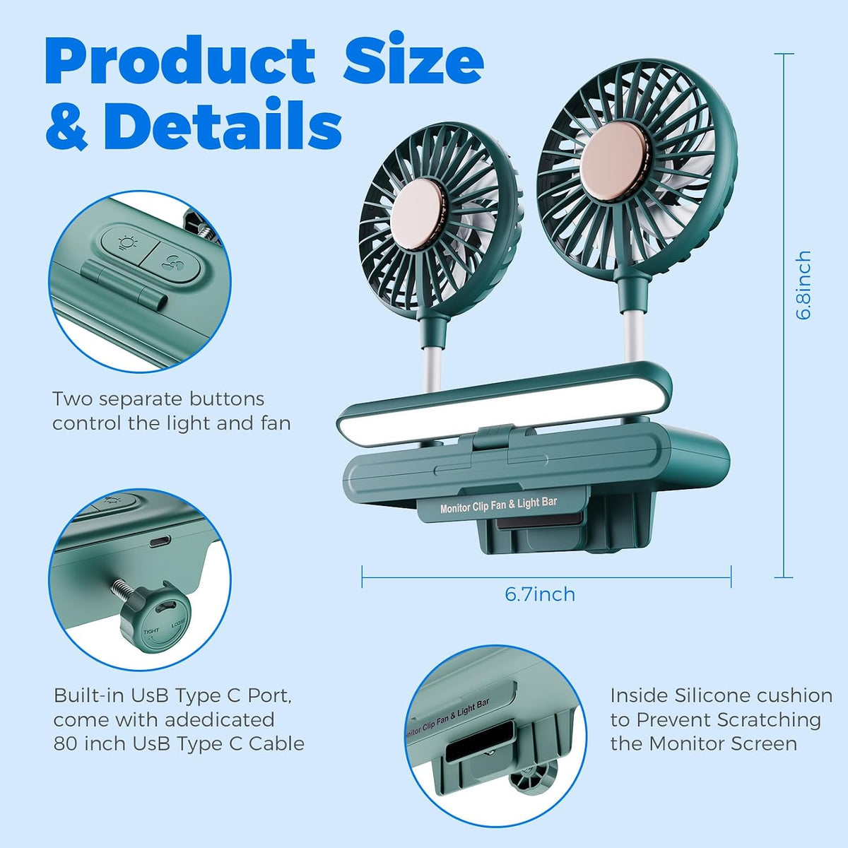 Monitor fan with lamp Office Quiet USB Fan for Working (Forest Green)