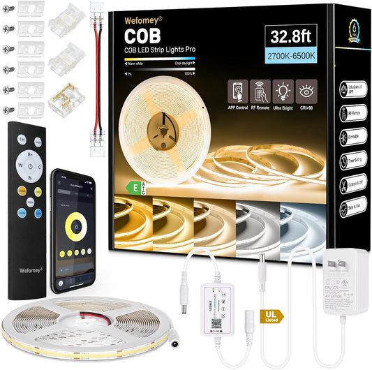Wefomey COB LED Strip Light White, 33ft Dimmable 2700K-6500K High Density 24V Flexible LED Tape Light with Remote and APP Control, UL-Listed White led Strip Lights for Bedroom Kitchen Christmas Decor