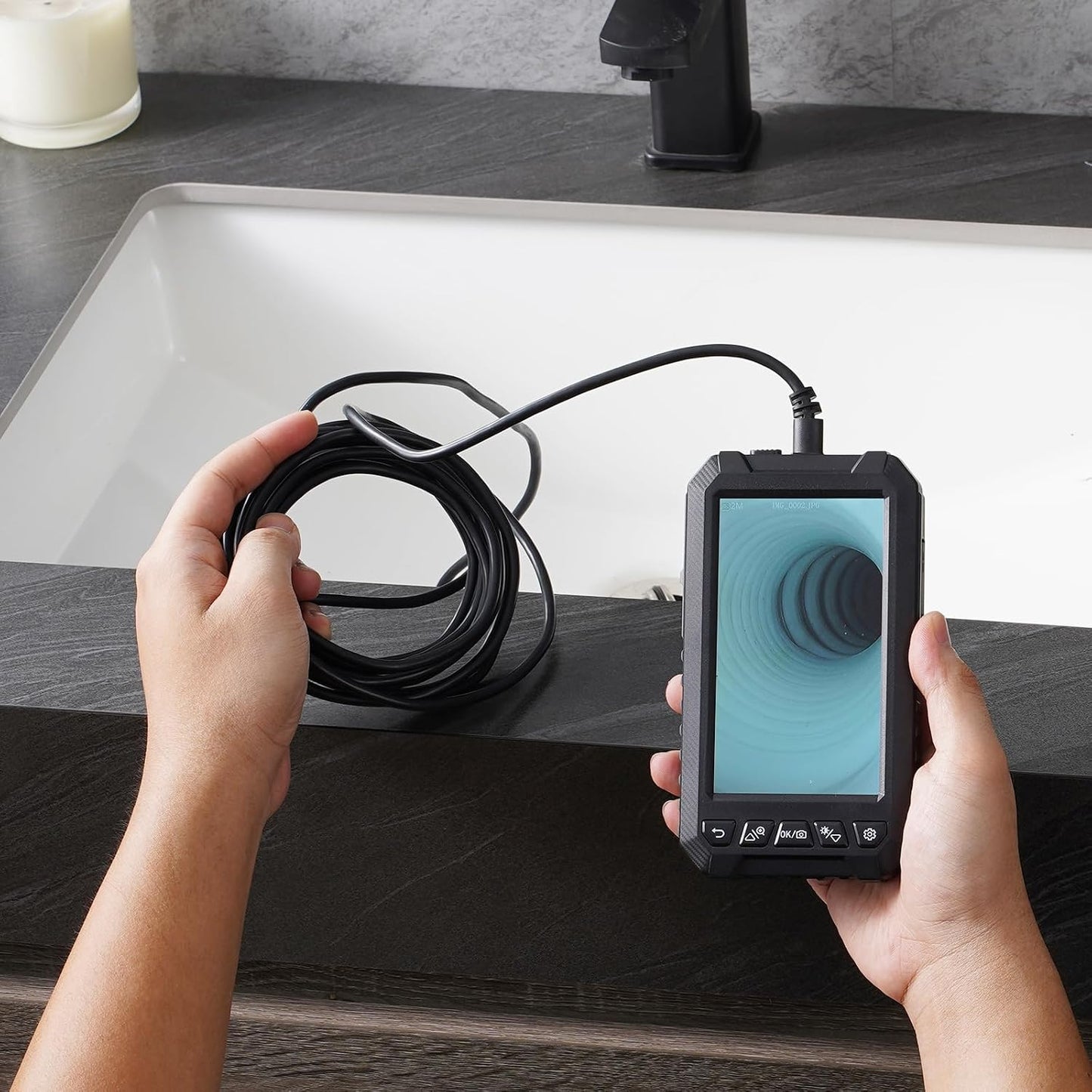 VEVOR Endoscope Camera with Light, Triple Lens Industrial Borescope, 5" Screen 1080P Inspection Camera, 8 + 2 Lights, IP67 Waterproof Snake Cameras for Automotive, Plumbing (16.4FT Cable, 32GB Card)