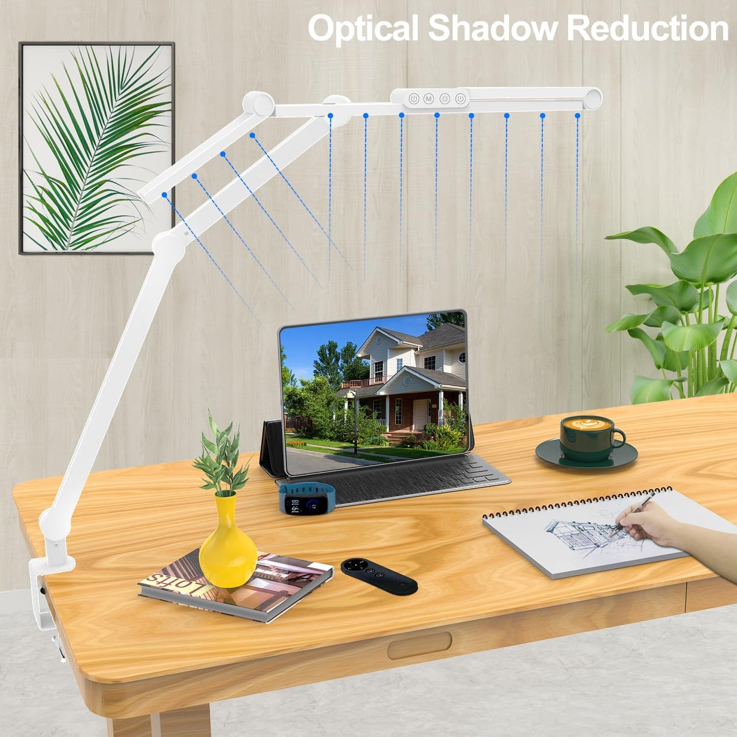 Architect Desk Lamp with Clamp, Led Desk Lamp for Home Office with Remote Control, 24W Bright Dimmable Computer Light with Atmosphere Lighting Adjustable Table Light(Remote)