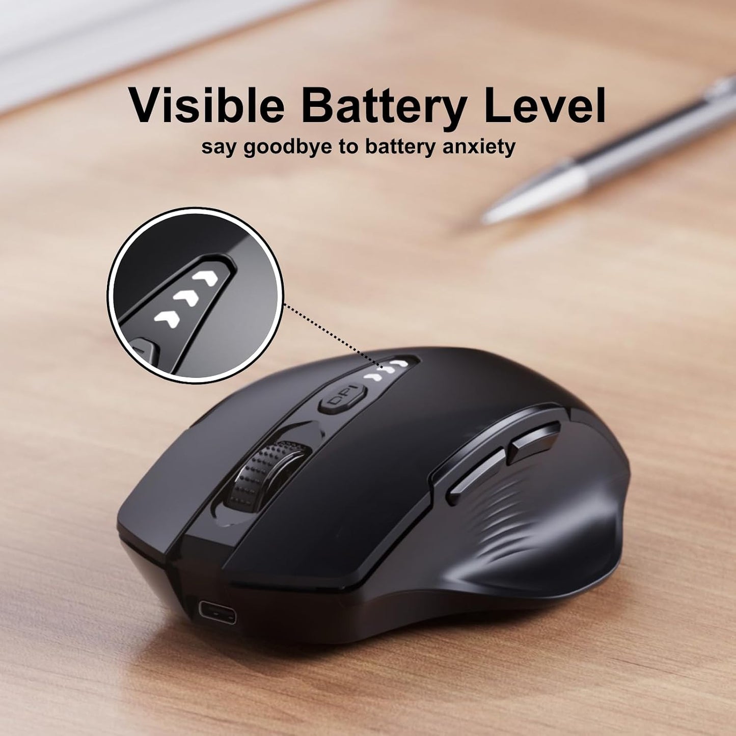 Uineer Wireless Mouse, 2.4GHz Rechargeable Computer Mouse, Battery Display | Stable 2.4GHz USB-A connection, rechargeable battery display and 4 adjustable DPI levels.