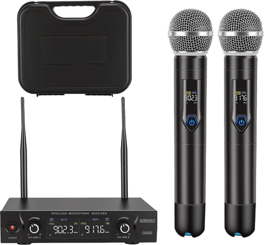 Wireless Microphone System with case, Metal UHF Dual Handheld 20 Channels Professional Cordless Mic System for Church, DJ, Karaoke,Wedding, Home KTV Set (Blue)