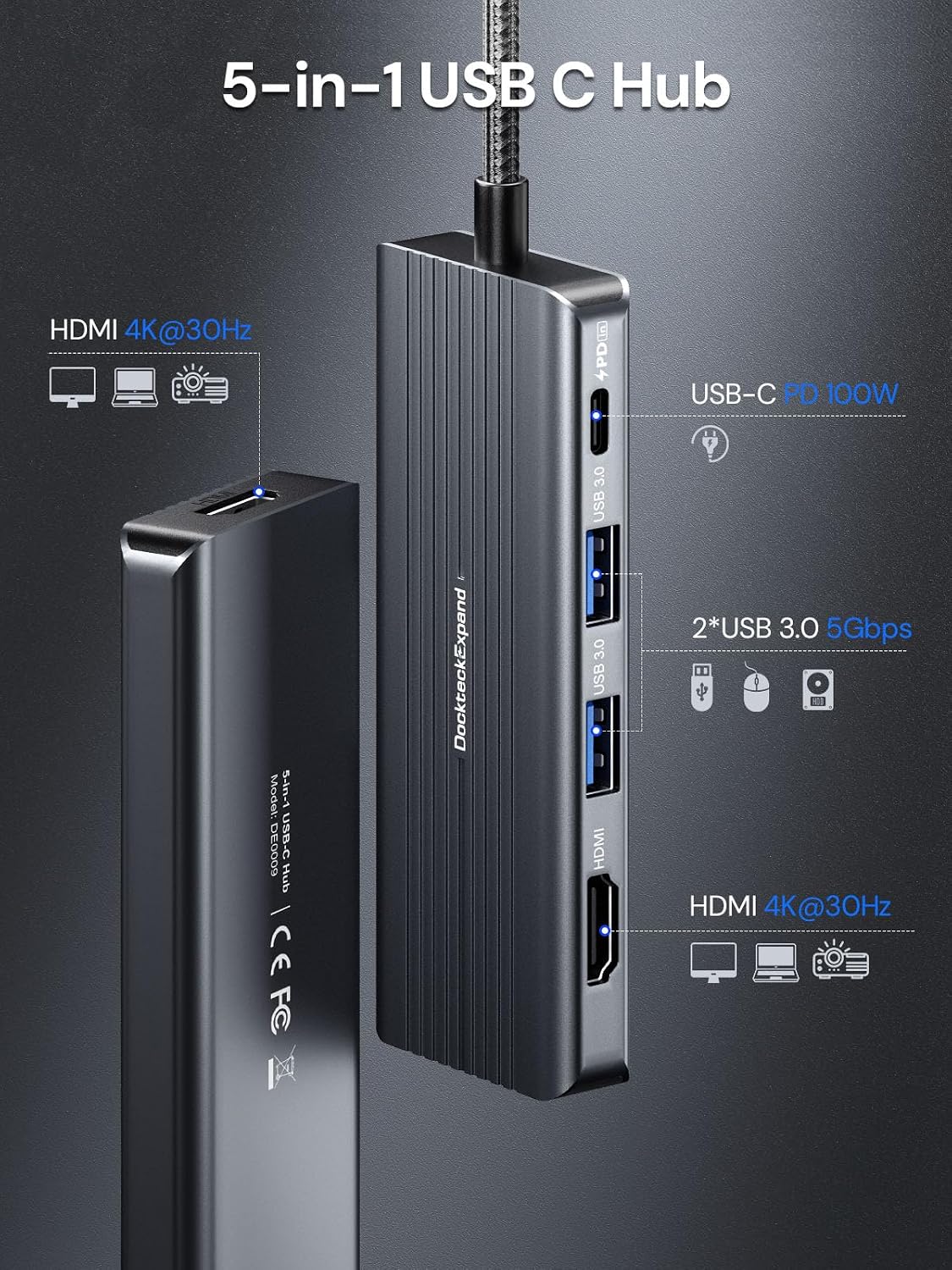 USB C to HDMI, Dual Monitor Adapter, DockteckExpand 5 in 1 Hub