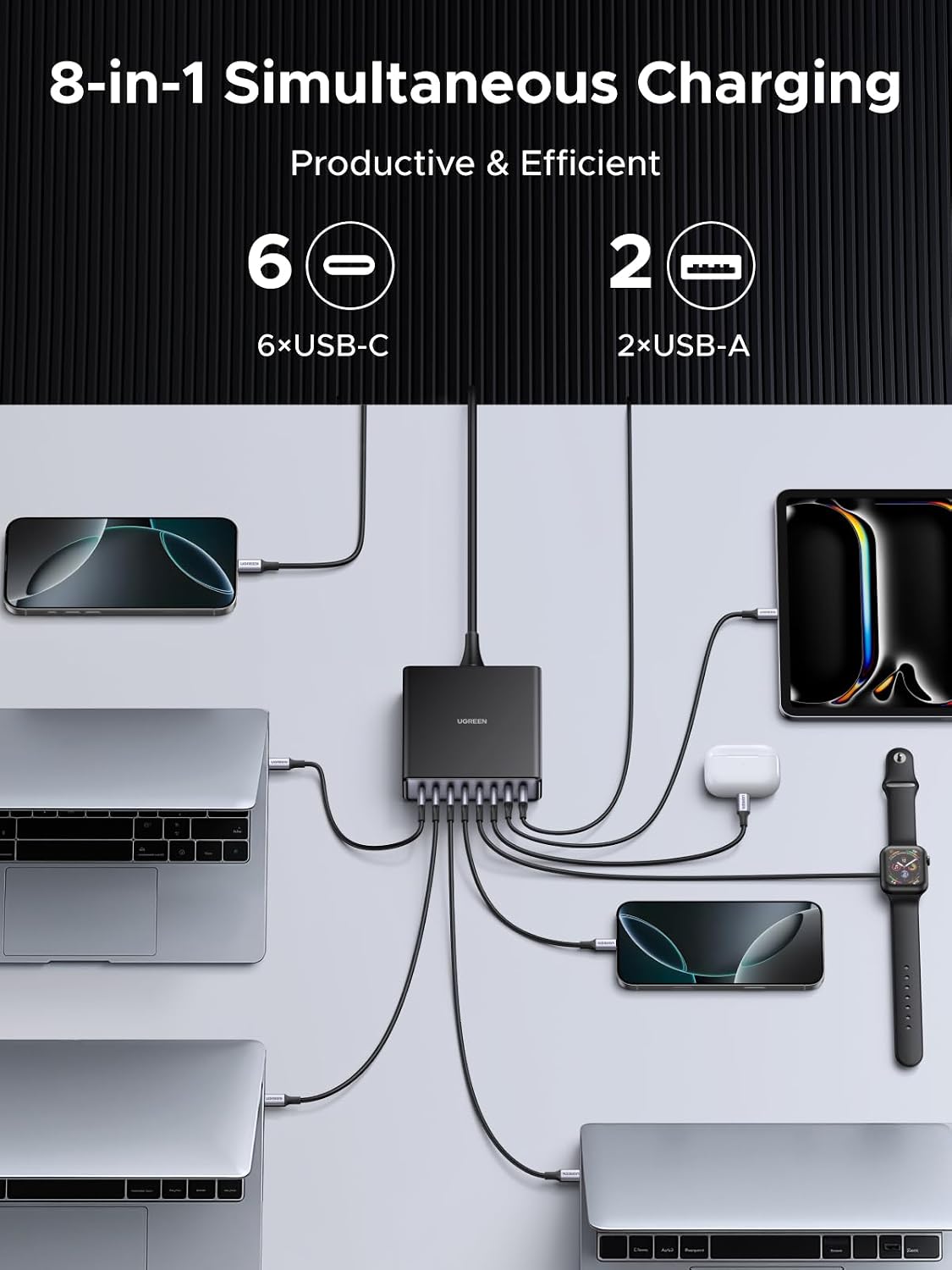UGREEN Nexode 200W GaN USB C Charging Station, 8-Port Desktop Charger with PD 100W for MacBook Pro 16"/Air, Dell XPS, iPad Pro, iPhone 17/16/15, Galaxy S25/S24, Pixel 10/9