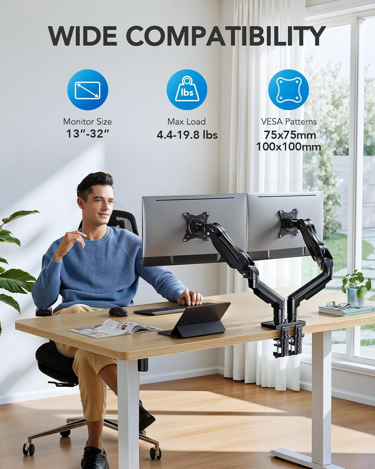 HUANUO FlowLift™ Dual Monitor Stand, Fully Adjustable Gaming Monitor Desk Mount for 13–32″ Computer Screens, Full Motion VESA 75x75/100x100 with C-Clamp & Grommet Base, Each Arm Holds 4.4 to 19.8 lbs