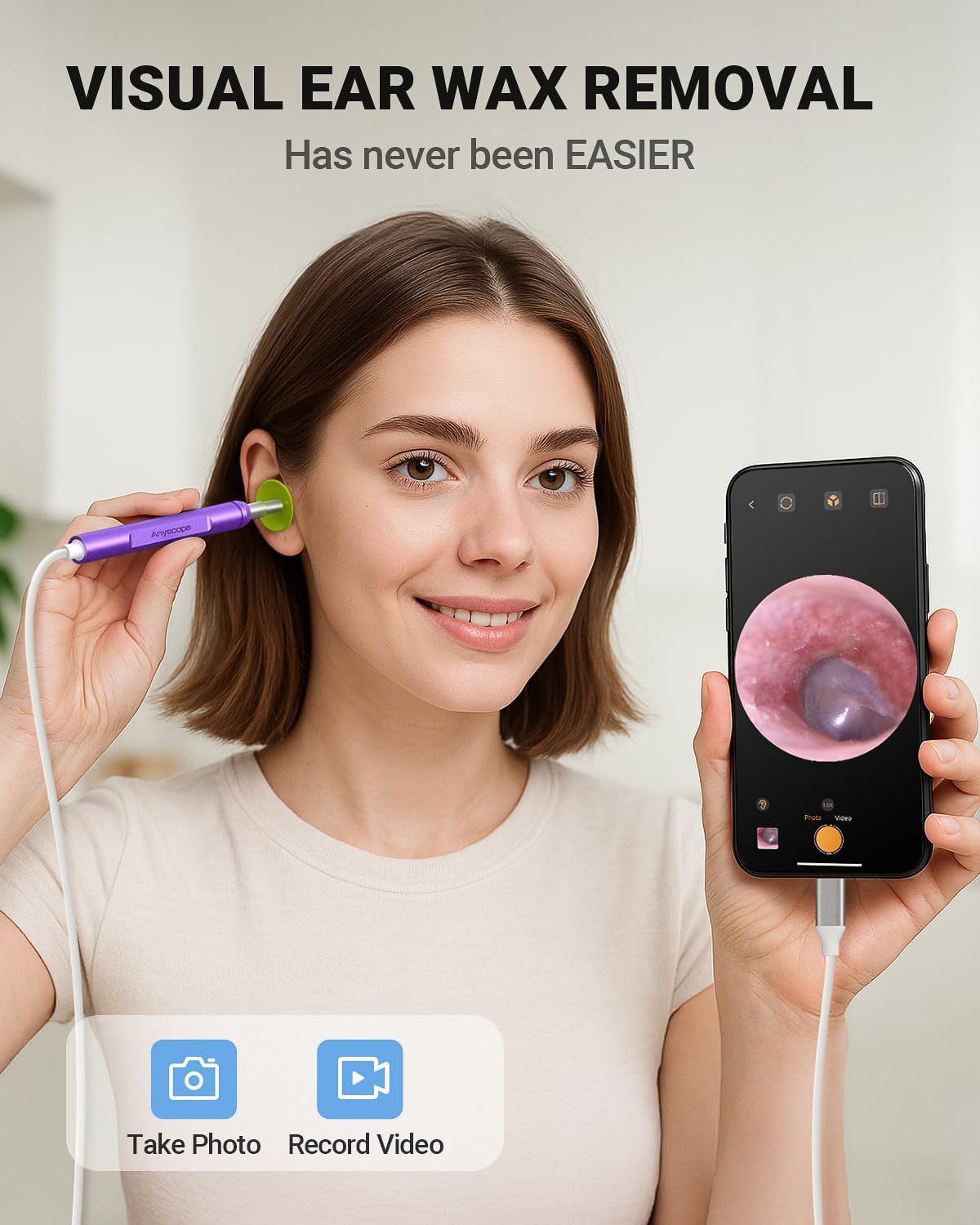 Digital Otoscope Compatible with iPhone & Android, Video Ear Scope Camera | Otoscope with Light, 3.9mm Lens, Plug & Play, Photo & Video, Split-screen, Earwax Removal Kit for Home Cleaning Checking