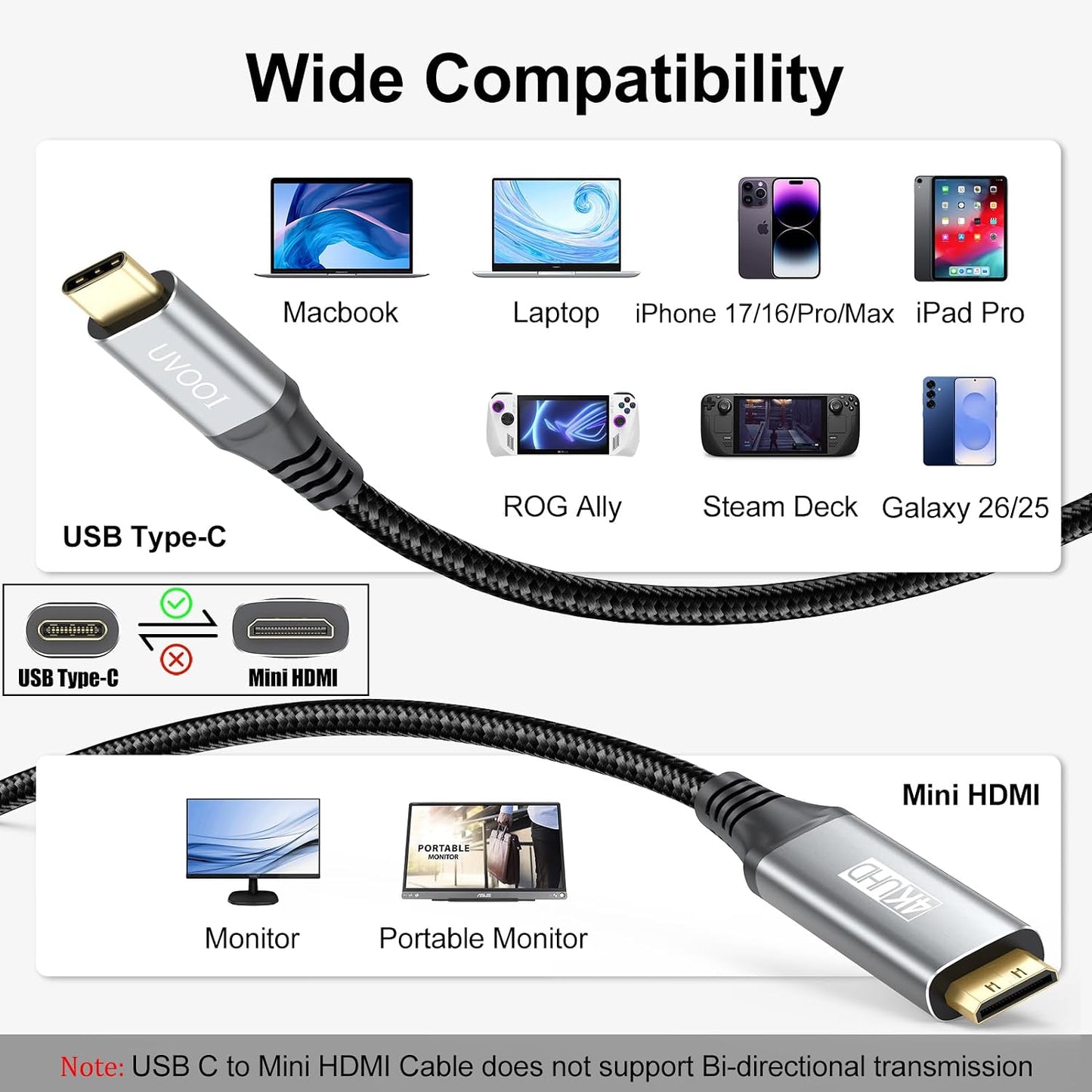 USB C to Mini HDMI Cable 6FT, High Speed USB Type-C to Mini HDMI 2.0 Cord (4K@60Hz,2K,1080P,HDR,3D,ARC) for MacBook, iPhone 17 16/Pro, Galaxy 26/25, iPad Pro, Laptop to Portable Monitor