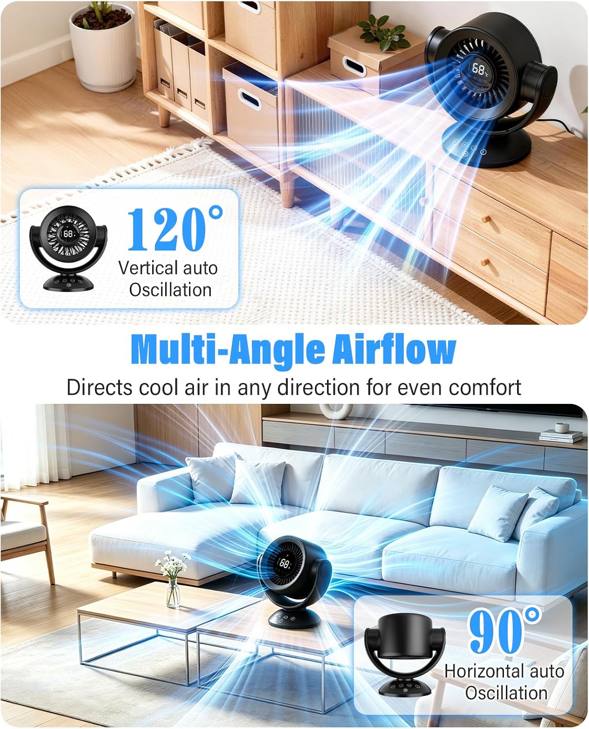 Fan for Bedroom,Desk Fans,Air Circulator Fan with Remote, 90°Vertical +120°Auto Oscillating,100 Speeds, 10H Timer, 25dB Quiet Fan,Digital Display Rechargeable USB, for Home Office Travel（Black）