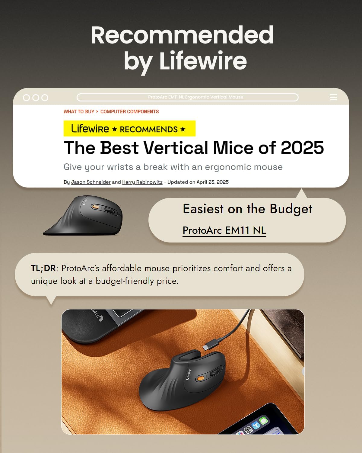 ProtoArc EM11 NL Wireless Ergonomic Mouse, Rechargeable Vertical Mice | 58° vertical design supports a natural wrist posture,connect 3 devices via Bluetooth/2.4G USB-A, 500mAh USB-C rechargeable.