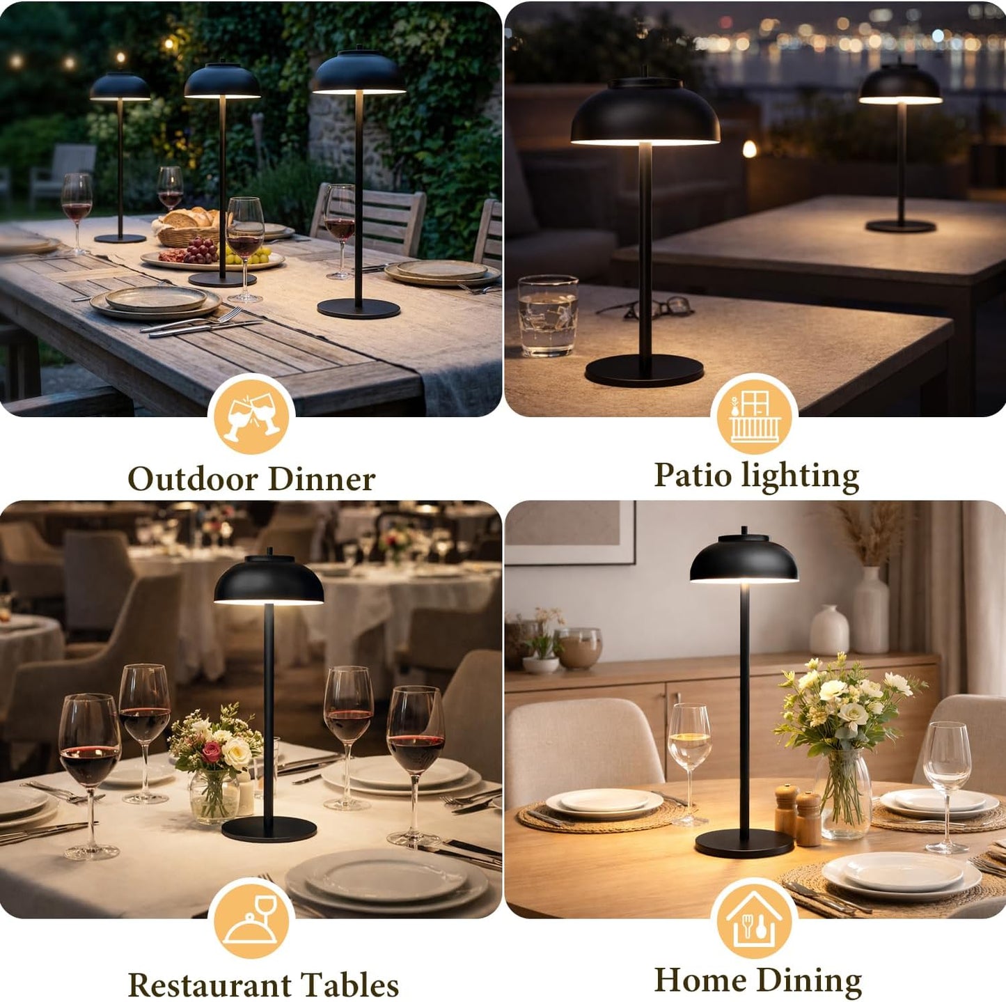 Cordless Table Lamps, Rechargeable LED Touch Lamp, Black, 2 Pack | Waterproof, 5000mAh battery, 3 color temperatures, 10-100% touch dimming, for patio, table top, dinner, restaurant, home bar