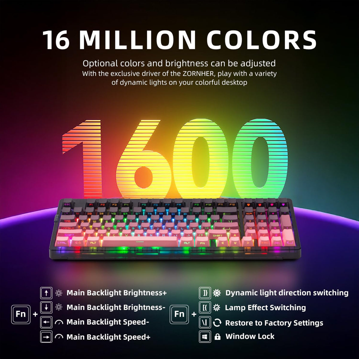 ZORNHER ZH980 Mechanical Keyboard Wireless,95% Pink Creamy Keyboard with Number Pad,Gaming Keyboard with Number Pad,Lighted Up PBT Keycaps,Loud Keyboard Clicky Blue Switches,Full Size