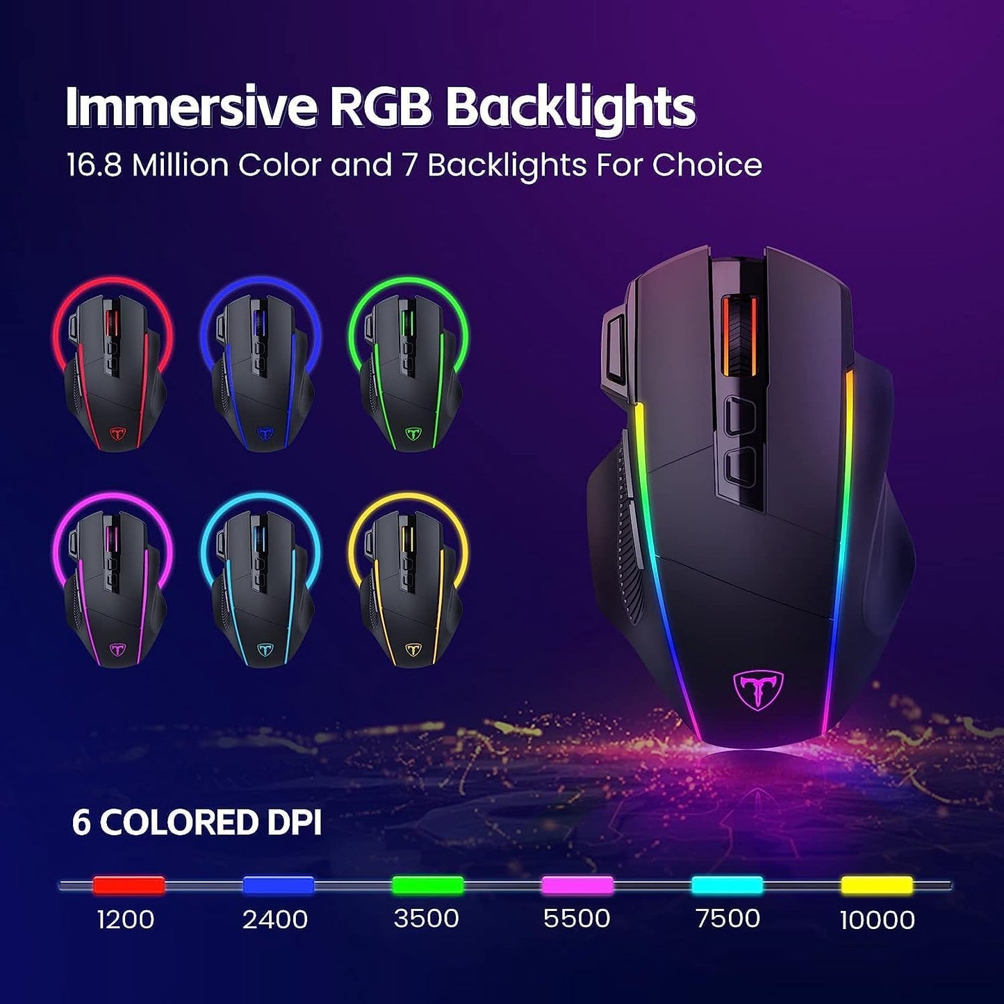 RisoPhy Wireless Gaming Mouse, 3-Mode 2.4G/USB-C/Bluetooth with RGB Backlit | 6 Level 10000DPI, Ergonomic Design, 8 Programmable Buttons, 58H Capacity Rechargeable, Computer Mouse for PC/Mac/Laptop