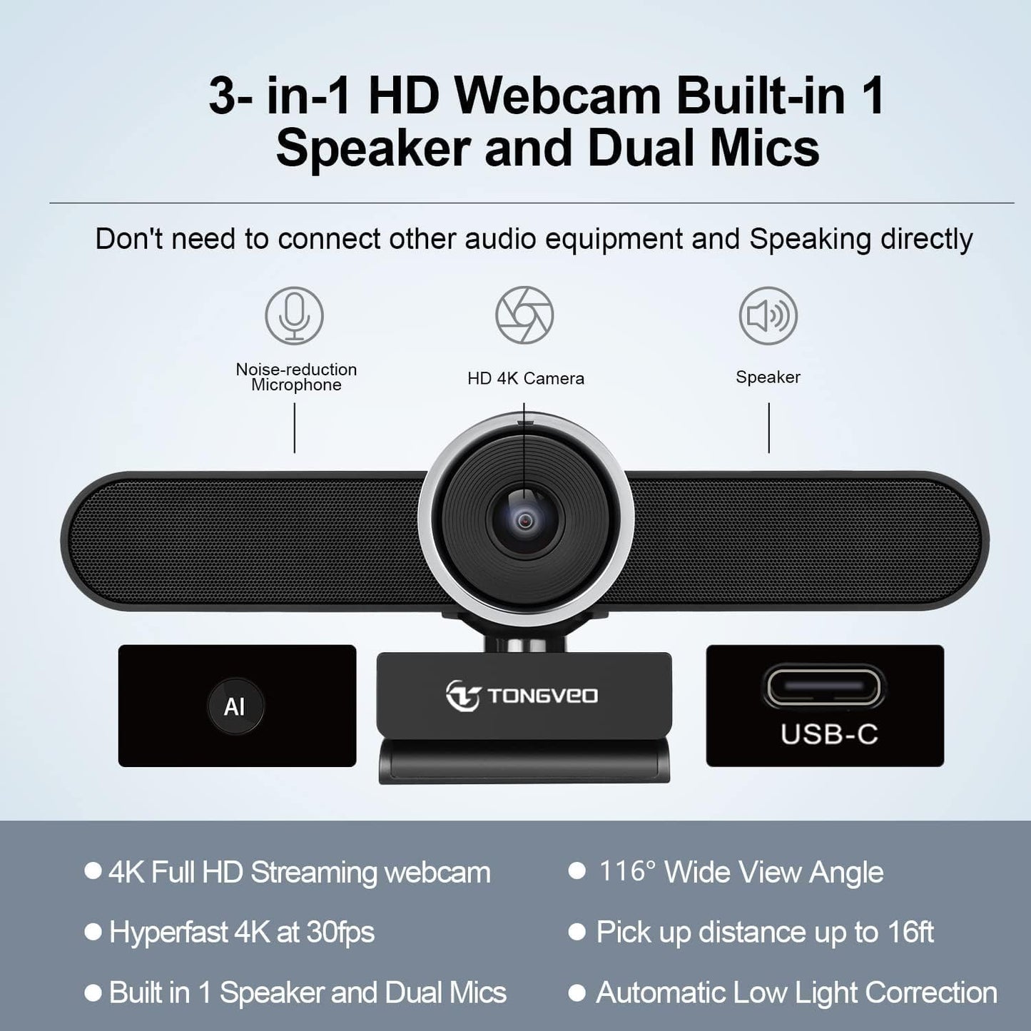 TONGVEO 4K Webcam Conference Call Room Web Camera with Dual Microphones &Speaker, | All-in-One USB Video Camera, 116° Wide Angle, AI Auto Framing | Compatible with Zoom, OBS