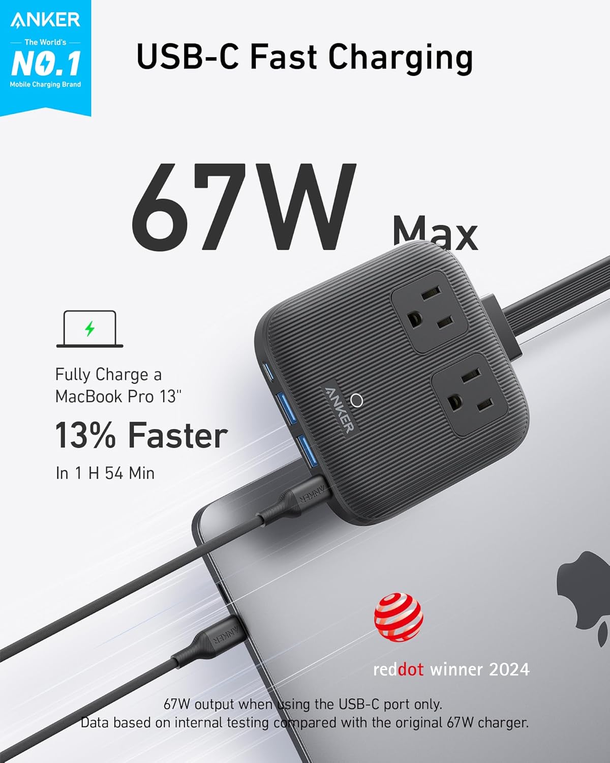 Anker Travel Power Strip, Anker Nano 67W Max 6-in-1 USB C Charger, 2 USB C | 2 AC, 2 USB A, 5ft Thin Undetachable Flat Plug Extension Cord with Multiple Outlets, Travel Essentials, Cruise Essentials