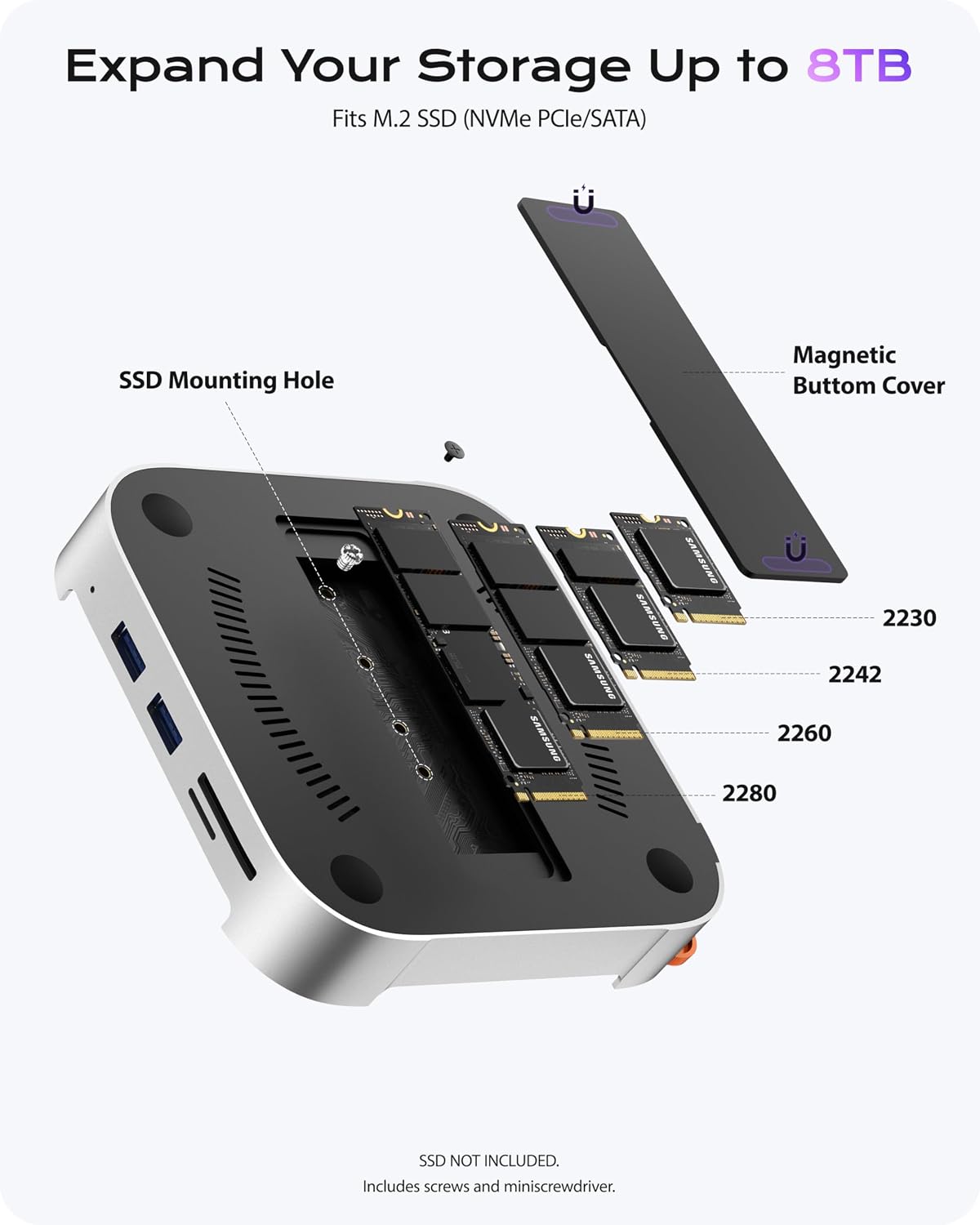 Stouchi Mac mini M4 Dock Stand with NVMe SATA SSD Enclosure, 8-Port Hub | 10Gbps | Easy Power Button | Stable Wi-Fi | 2* USB A 10Gbps, 4K@60Hz HDMI, SD/TF Slot, 2* USB A, Audio 3.5mm | for M4/M4 Pro